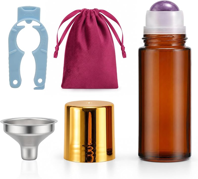 Roller Ball Applicator,Rose Quartz Roller Bottle,50ml Refillable Amber Glass Roll On Bottles with Natural Crystal Roller Balls,Leak-Proof Travel Perfume Bottle with Gold Caps (Purple)