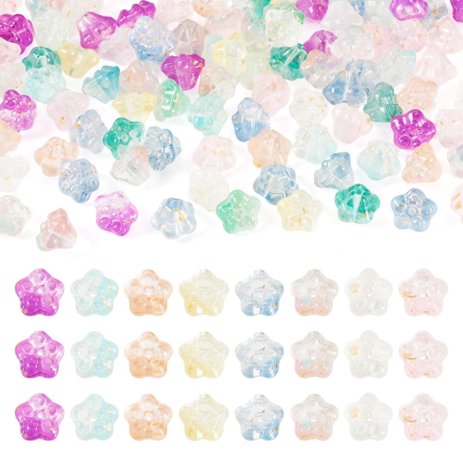 Bestewelry 100 pcs Bell Flower Glass Beads Floral Crystal Glass Beads Blooming Flower Spacer Beads for Spring Bracelets Necklace Earring Jewelry Making Home Decoration