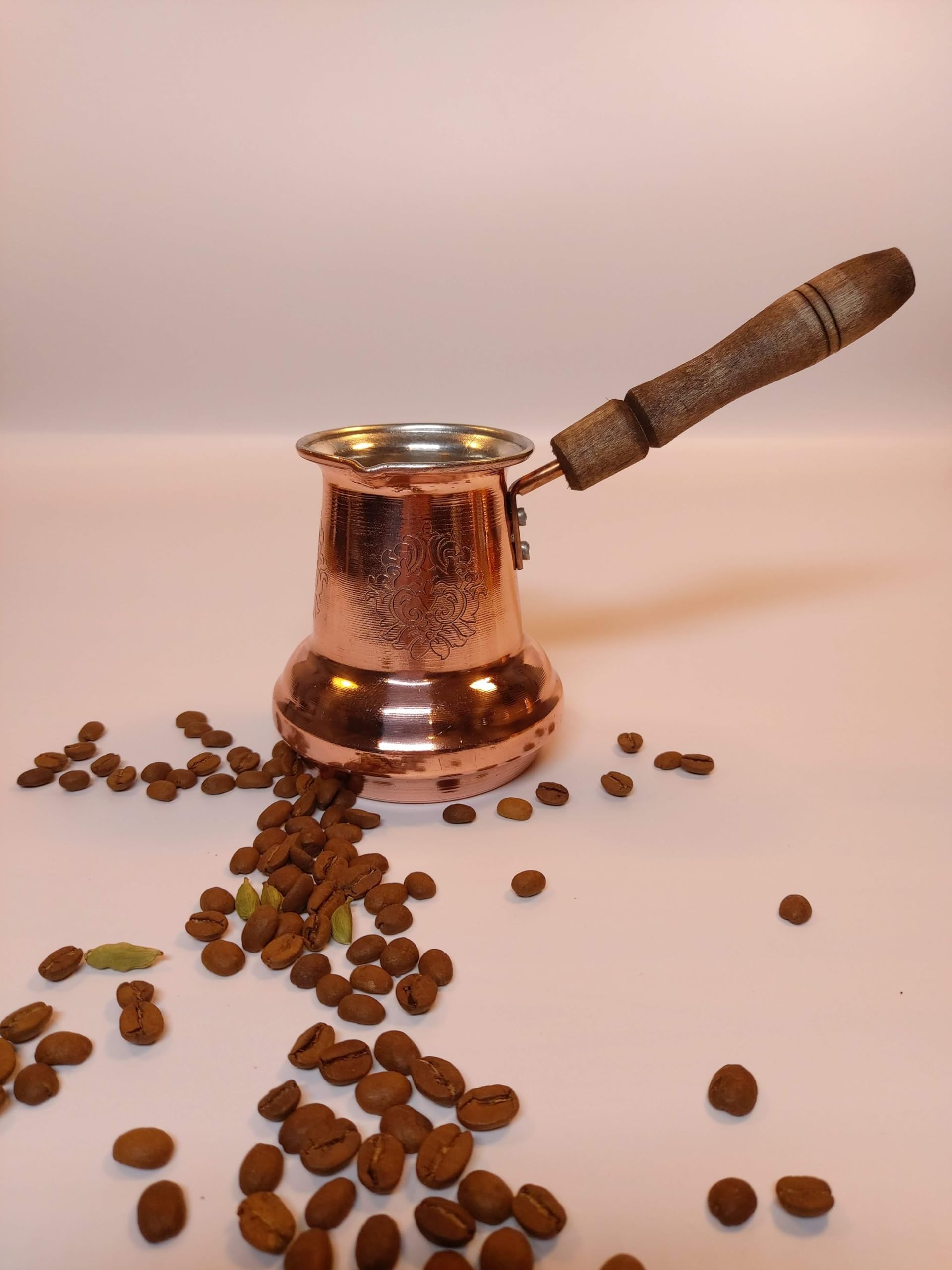 LEO Design Caffettiera turca in 5 misure, piano cottura greco arabo, spesso 3 mm, in rame massiccio martellato e inciso a mano, con manico in legno/ottone (manico in legno, 350 ml)