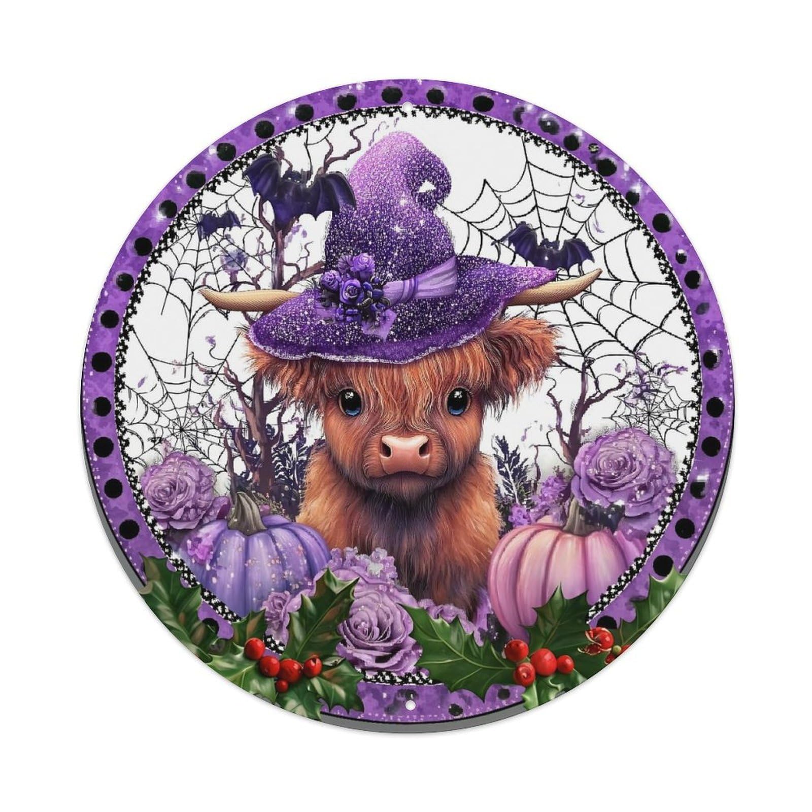 Purple Witch Cow Halloween Pattern Round Metal Tin Sign Vintage Wall Decor, Bar Garage Cafe Kitchen Home Wall Art Poster 8x8inches
