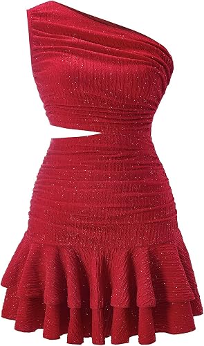 winkbay Women's One Shoulder Layered Ruffle Ruched Cut Out Mini Dresses