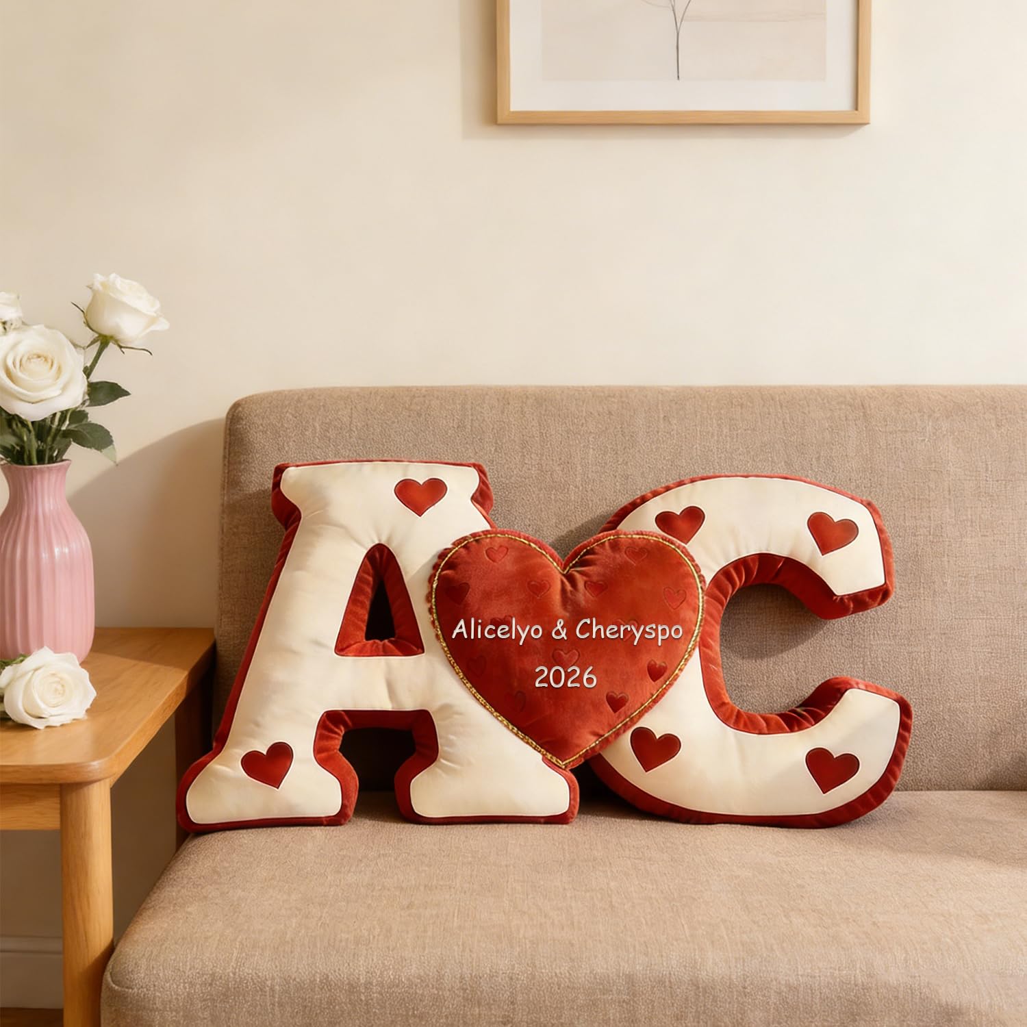 Cuscino per coppia di cuori con lettera personalizzata, cuscino con iniziale del nome, stampa 2D, cuscino decorativo per San Valentino, per divano, soggiorno, letto, Natale, San Valentino, regali di