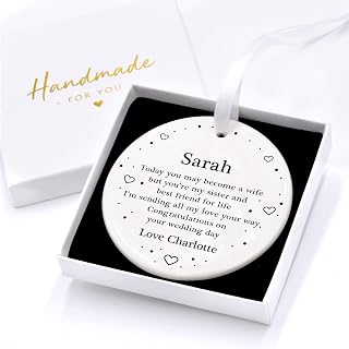 Beecreative Personalised Gift For Sister On Wedding Day - Sister To Bride - Congratulations On Your Wedding Day - Ceramic Heart Or Circle With Gift Box