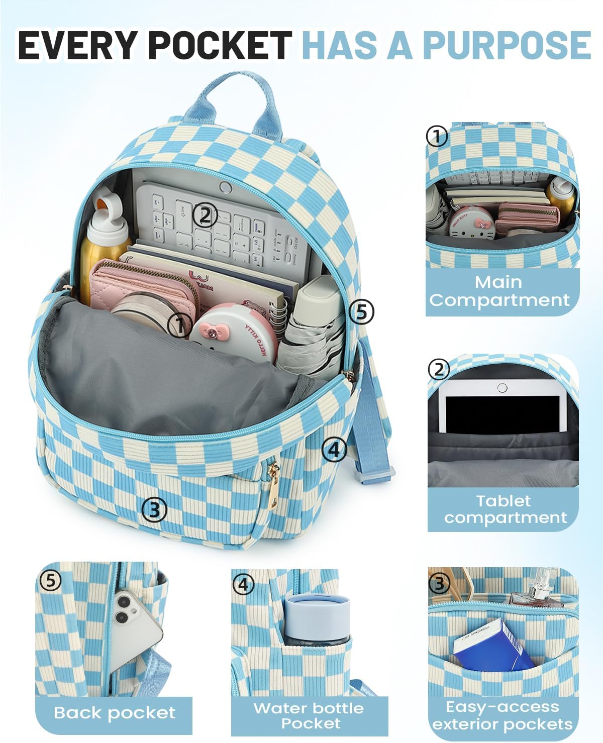 Corduroy Mini Backpack Purse, Lightweight Stylish Cute Small Bag for Women Girls, Adjustable Strap College School Bag Travel Daily Daypacks (Checkered Blue) - Image 4