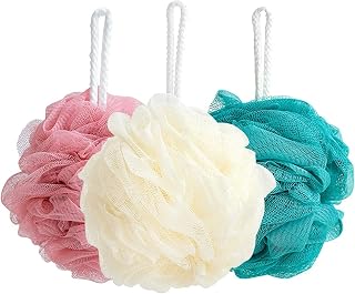 Esponja de malla para puf, esponja exfoliante para ducha, esponja para ducha de baño, esponja para exfoliar el cuerpo, exfoliante para baño, bola de ducha, gel, bola de espuma, 3 unidades, color ros