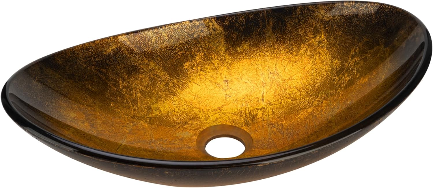 YIMAI Oval Glass Vessel Sink 18.5"x11.8" - Gold Black Gradient Bathroom Sink Bowl Above Counter Vanity Sink for Modern Bathrooms, Countertop Wash Basin for Powder Room or Guest Vanity Oval-Brown-18.5"