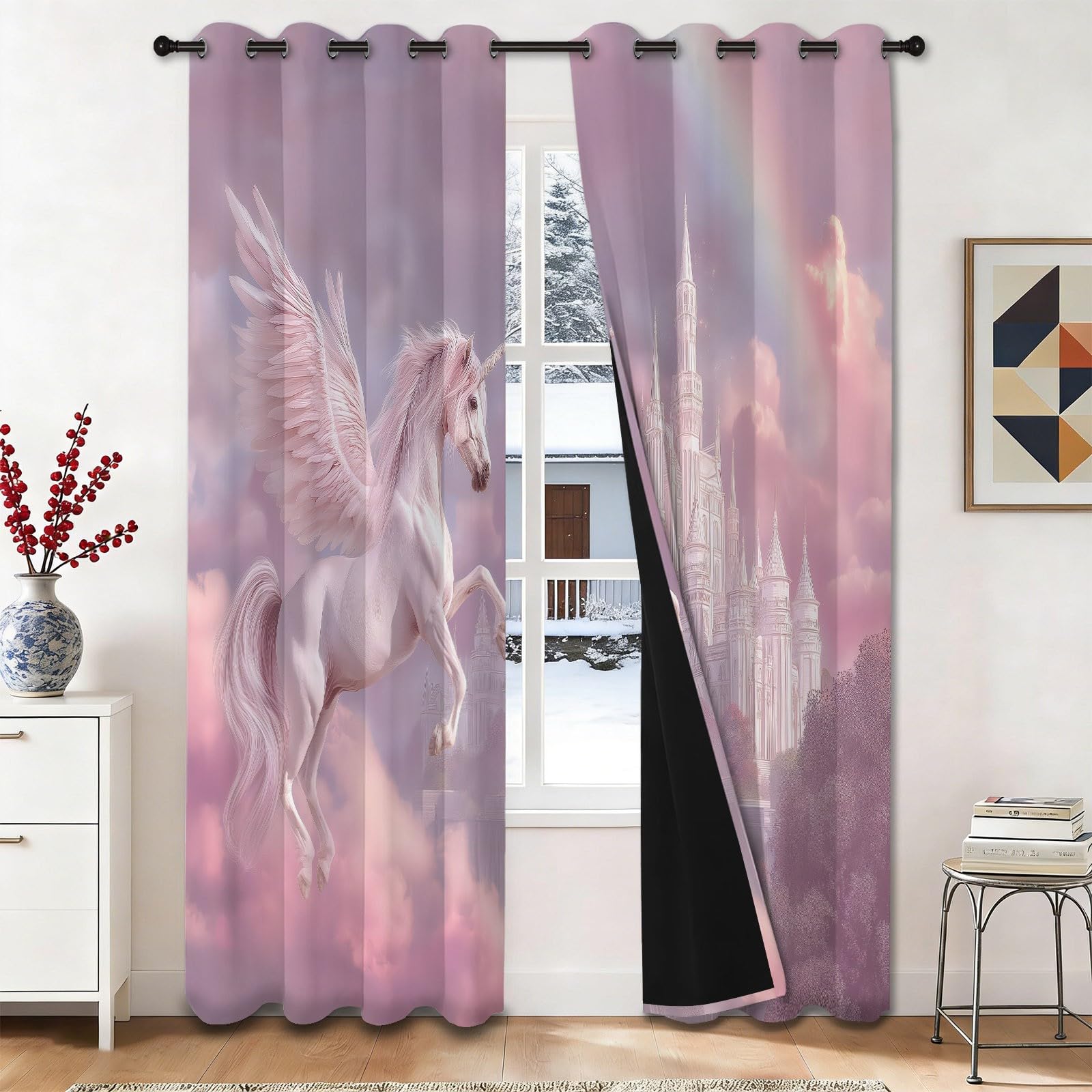 Rideau occultant anti lumière et froid pour chambre d'enfant motif nuages roses