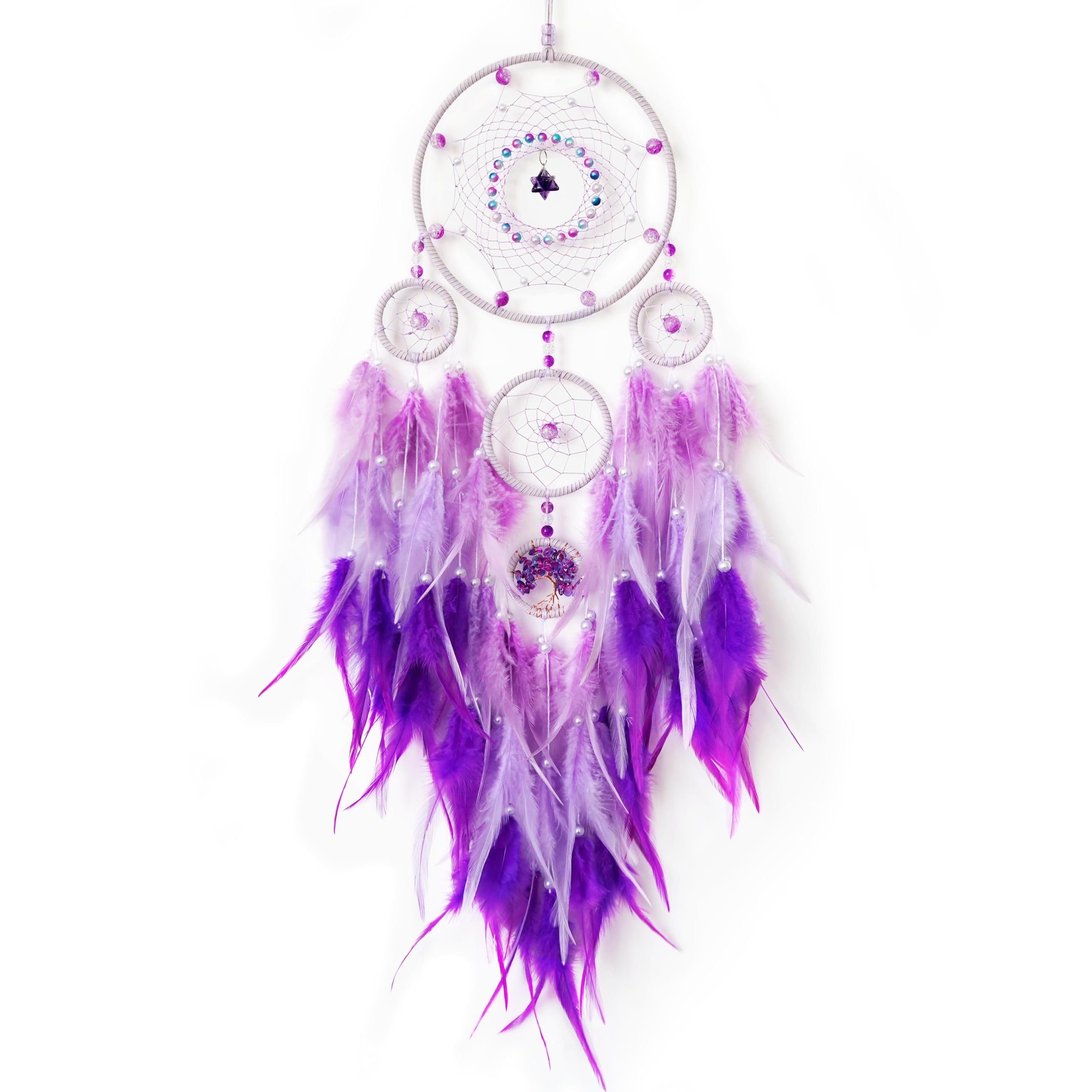 Traumfänger, großer Traumfänger, Baum des Lebens, Wanddekoration, für Erwachsene, lila, Boho-Traumfänger, Wanddekoration mit Edelstein, Hängeornament, Mädchen, Wohnheim, Raumdekoration