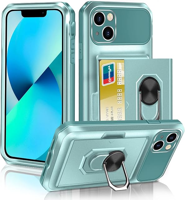 Vunake for iPhone 13 Case with Card Holder iPhone 13 Wallet Case with Ring Kickstand 2-Cards Slot Case Heavy Duty Hard PC TPU Bumper Cover Armor Shockproof Protective Phone Case Cover for iPhone 13