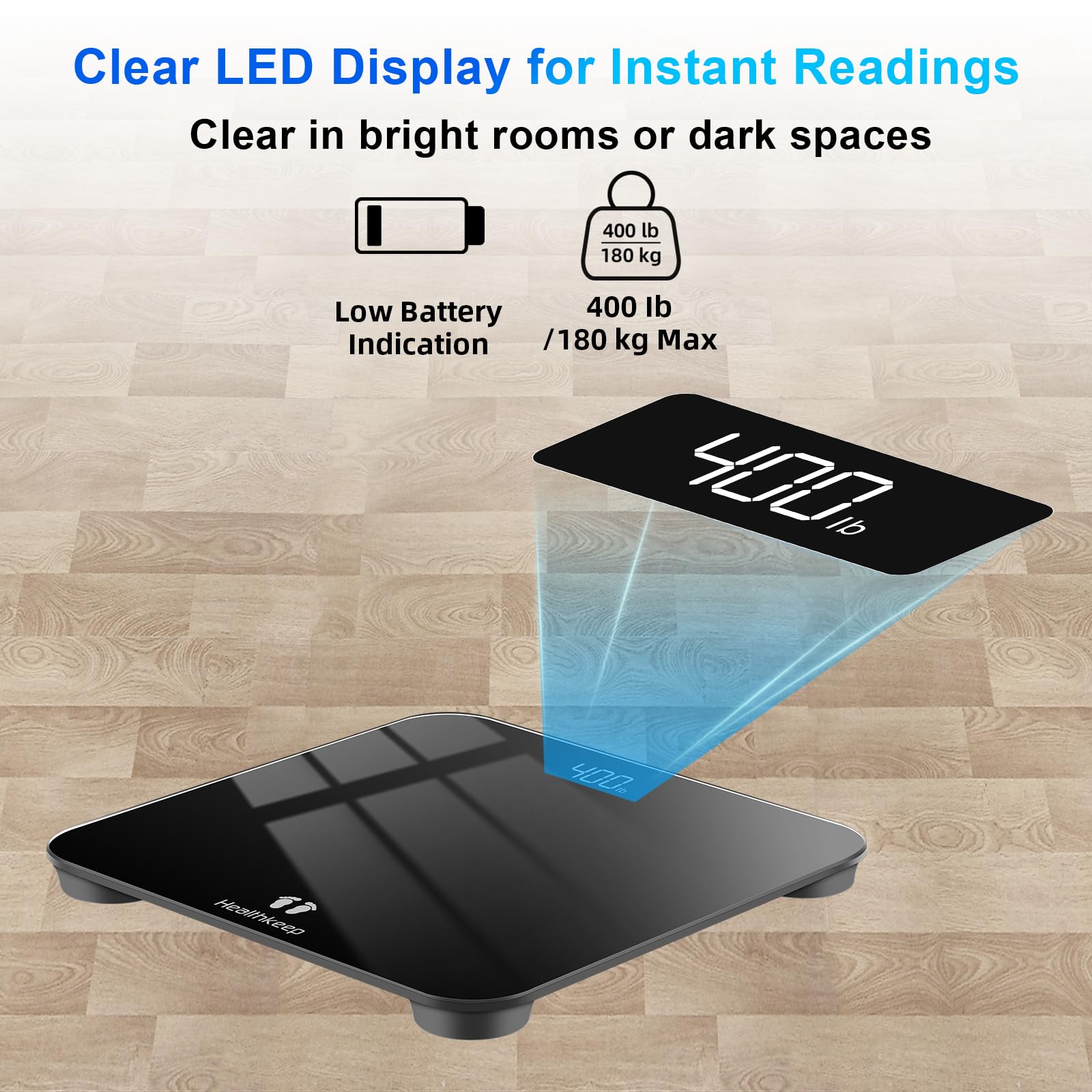 Digital Bathroom Scale for Body Weight: High-Precision 4-Sensor Accuracy, LED Display, 400lb/180kg Capacity, Safe Rounded Corners, Batteries Included