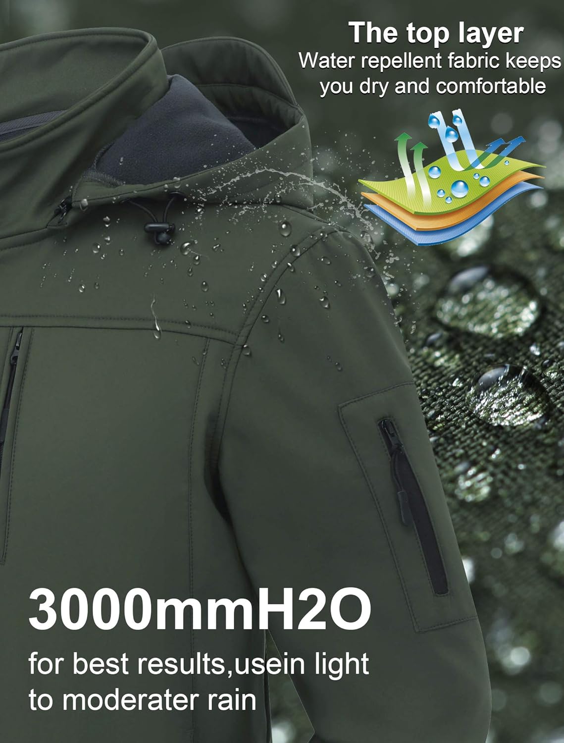 CREATMO US Men's Softshell Military Jacket With Removable Hood, Fleece Lined and Water Repellent Outdoor Reflective Coat - Image 5