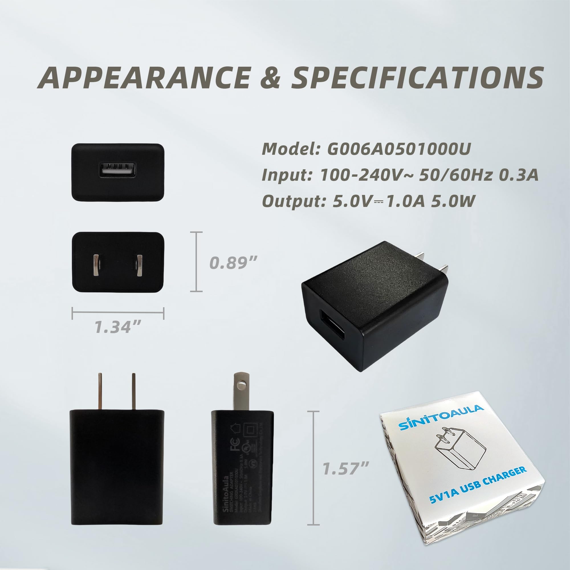 Blocco caricabatterie USB 5 V 1 A per presa a muro (certificato UL, nero, 2 pezzi), adattatore di alimentazione da 5 W per telefoni cellulari, tablet, auricolari, power bank, dispositivi