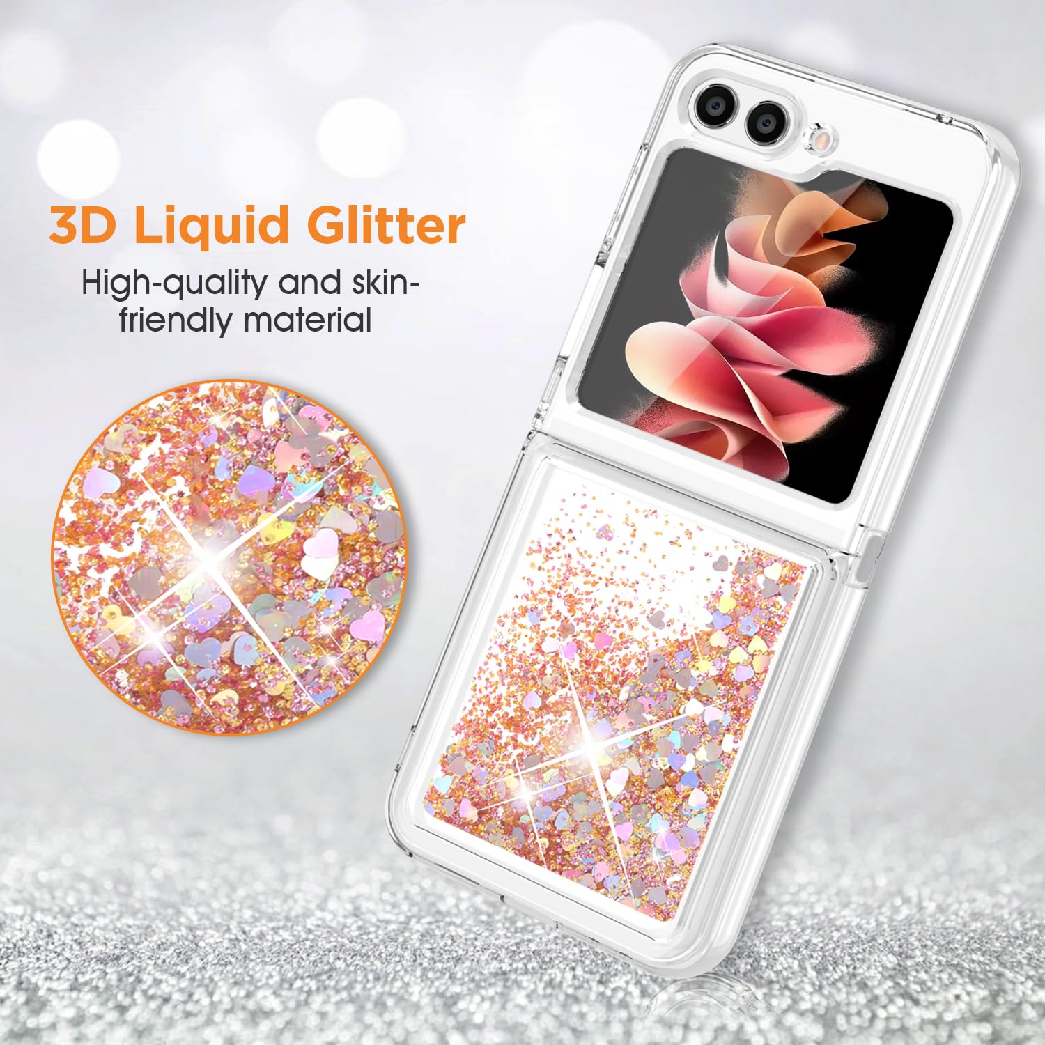 ANSHOW for Samsung Z Flip 5 Case Glitter, Shockproof Clear TPU Liquid Glitter Case, Bling Gold Glitters Case for Samsung Z Flip 5 for Women