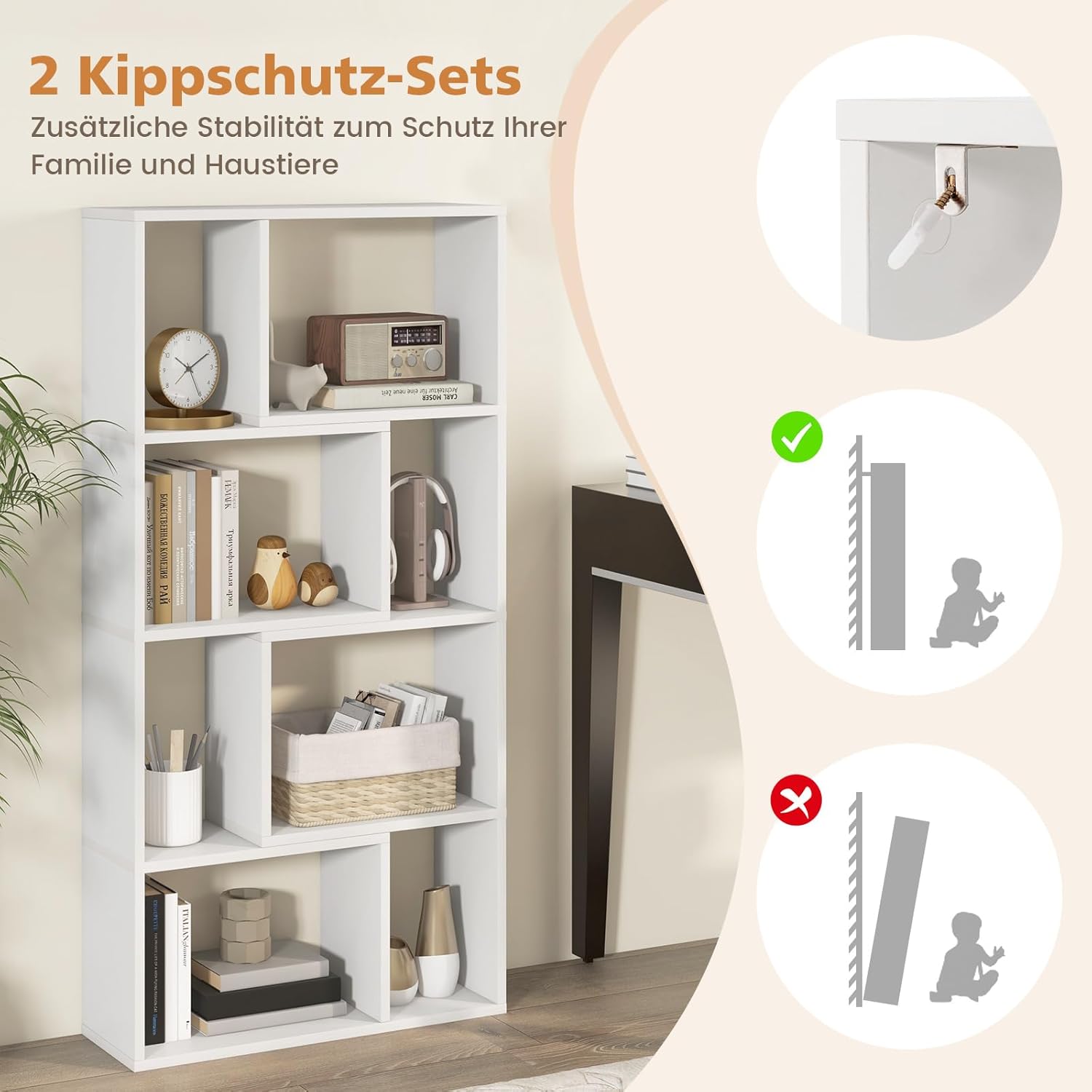 Illustration of anti-tip safety device installation for the bookshelf