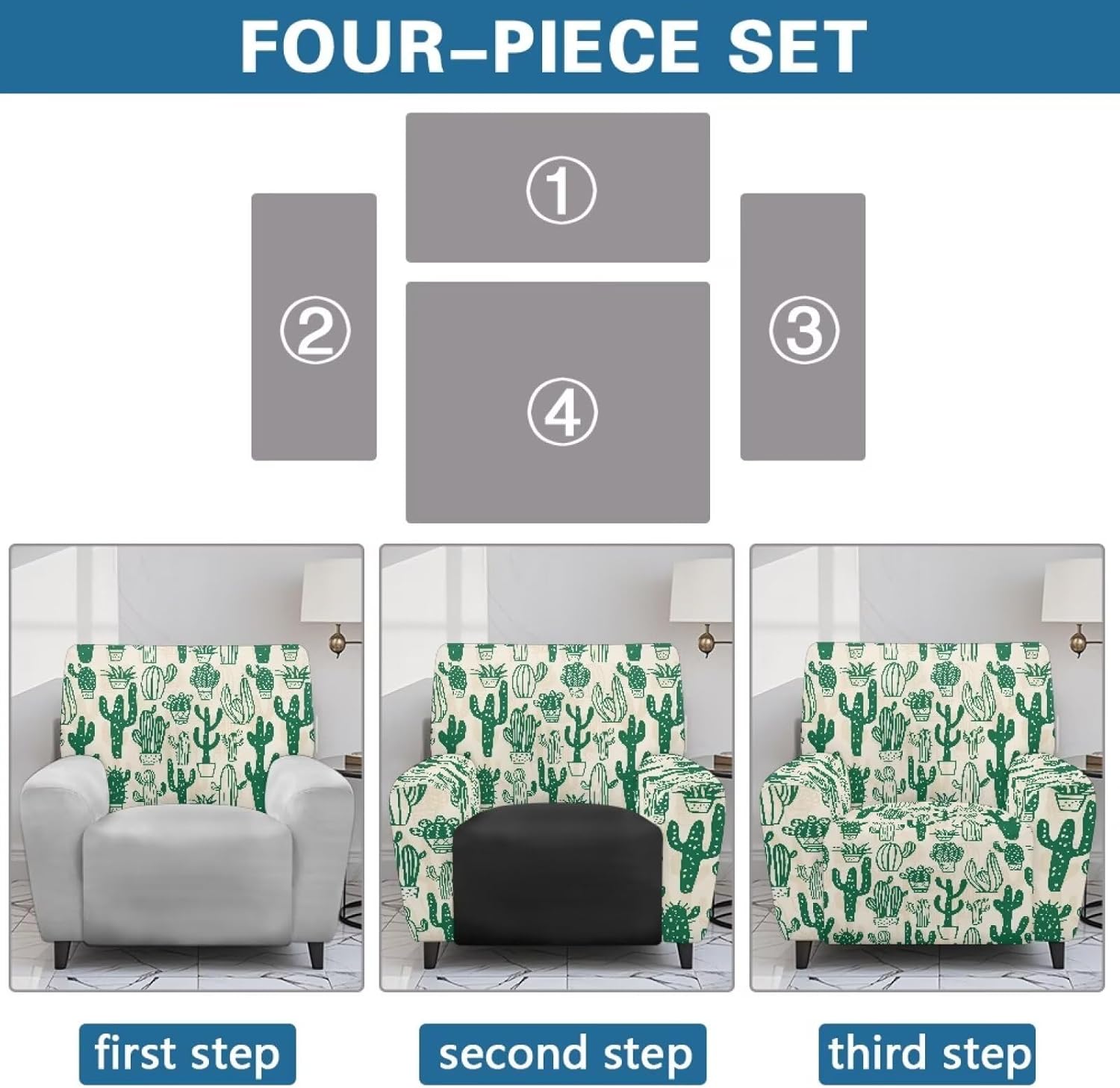 Cactus Green Beige Recliner Chair Covers Lazyboy Recliner Covers Stretch Couch Cover Slipcovers 4 Piece Furniture Protector with Elastic Bottom for Dog