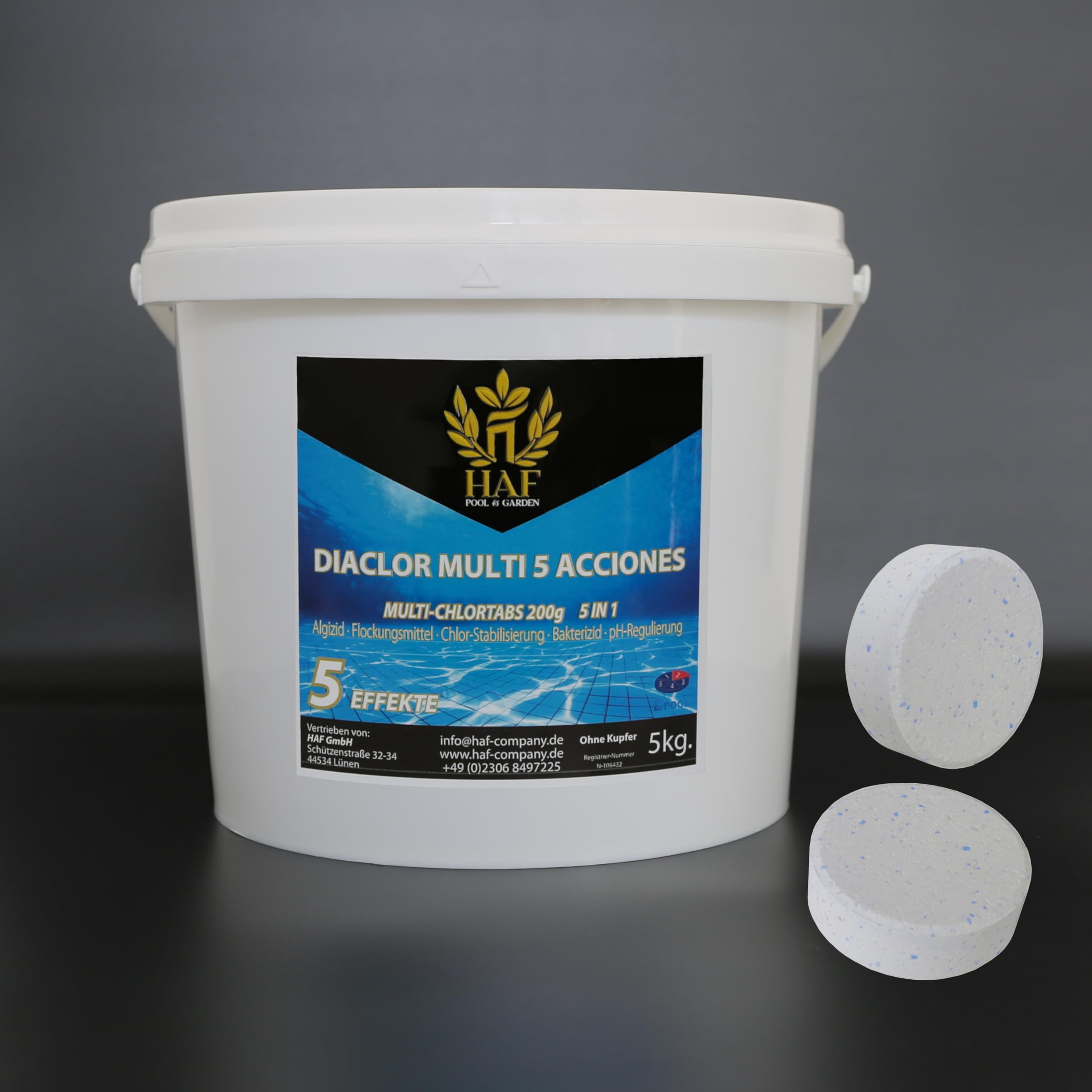 HAF Pool Chlor-Tabletten (1 x 5 kg Eimer) – langsam lösliche Chlortabletten (200g pro Stück) | Chlor Multitabs 5 in 1 für Poolpflege, Dauerdesinfektion, Algenvorbeugung & hygienisch klares Poolwasser
