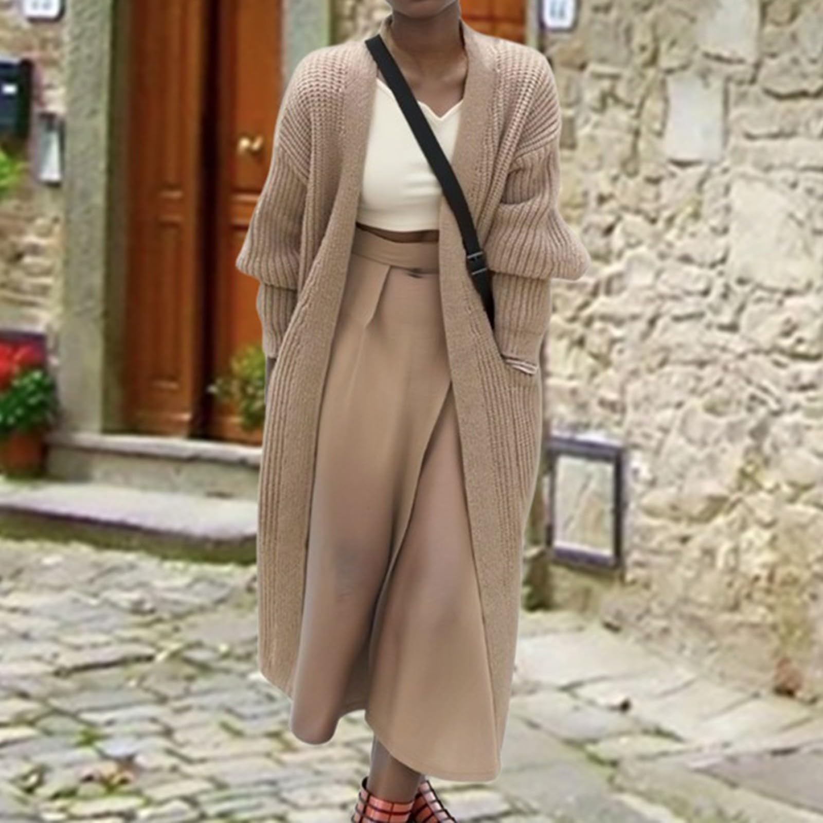 Cálida chaqueta larga de punto para mujer con bolsillo manga larga cárdigan ligero elegante cómodo otoño invierno abrigo de punto
