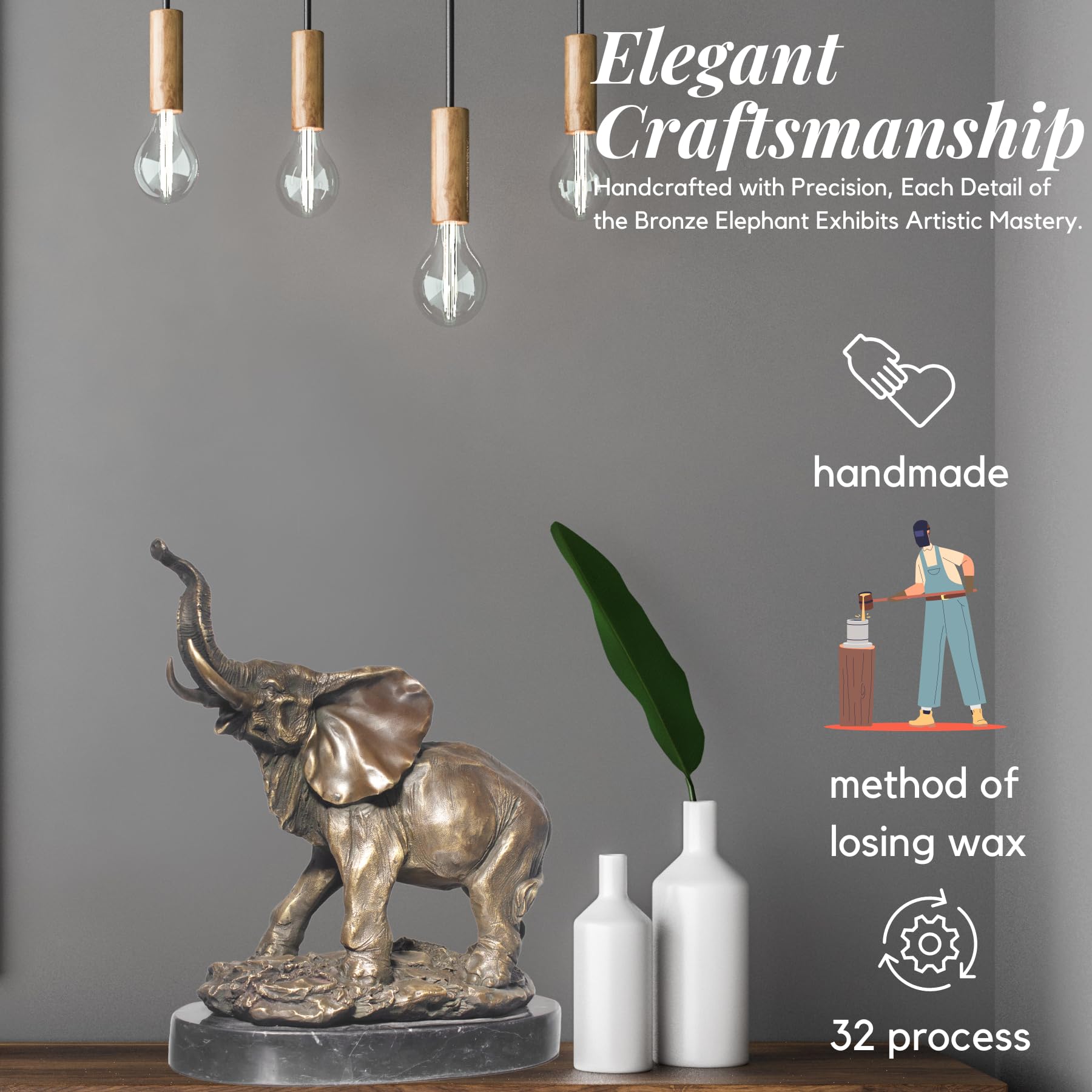 Estatuas y esculturas de Elefante tailandés de Bronce auténtico de 30 cm. Decoración para el hogar fundida a Mano. Escultura de Elefante Premium con Certificado (5,7 kg).