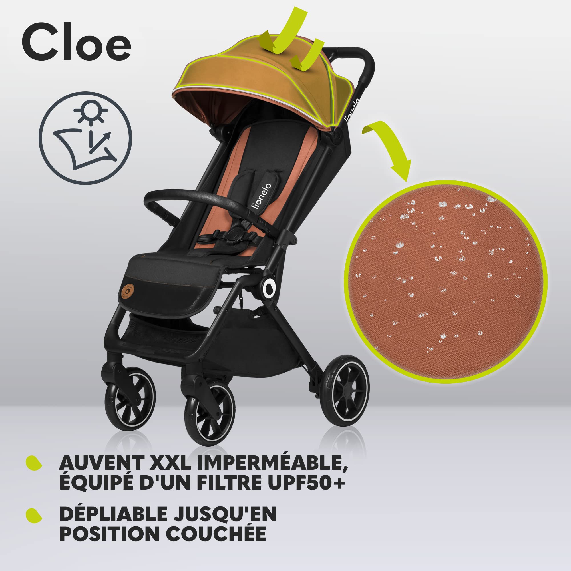 LIONELO Cloe Poussette Pliable Bébé jusqu'à 22 kg Réglage du Dossier Fonction Sommeil Harnais à 5 Points Grandes Roues Pivotantes Moustiquaire Compacte Imperméable (brun)
