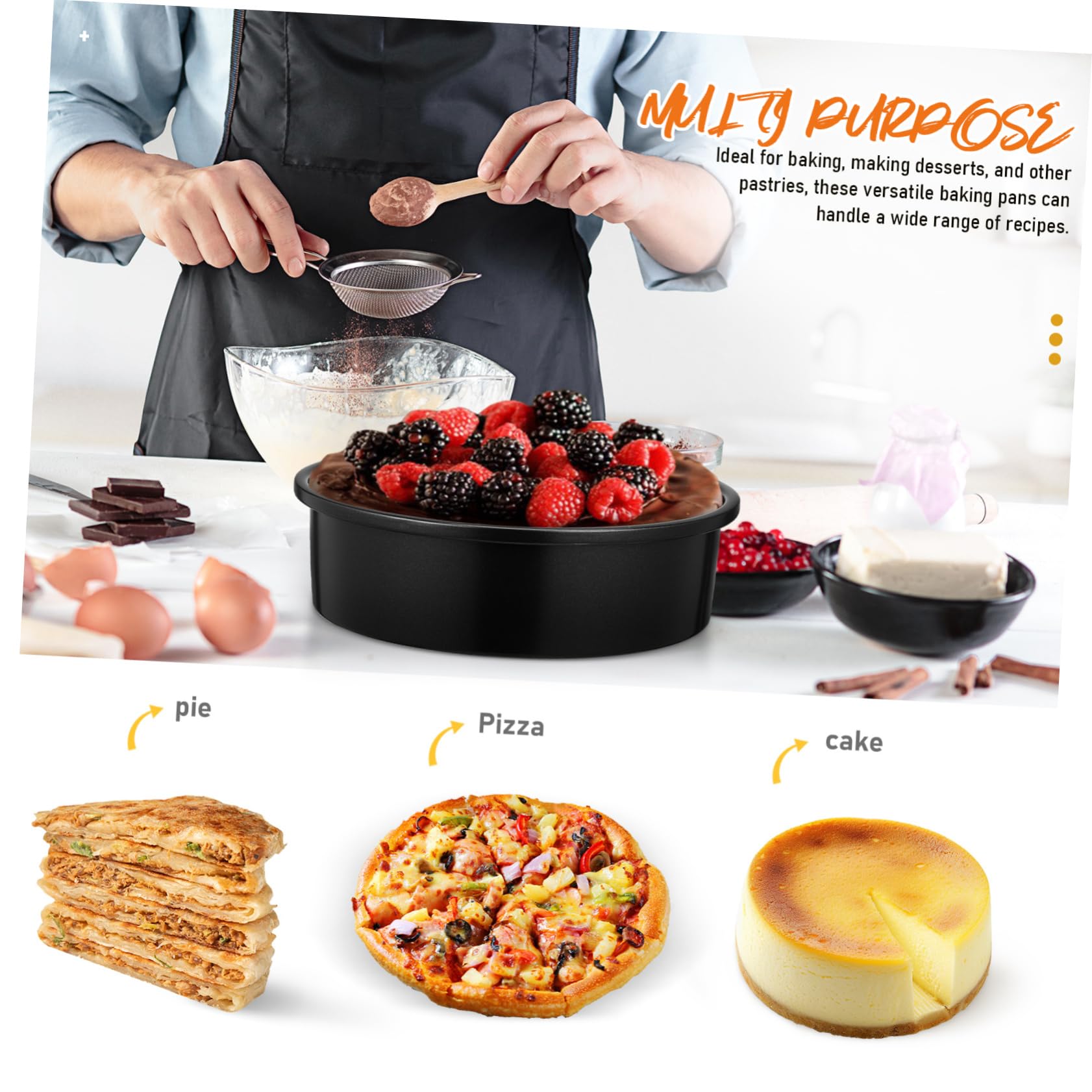 Hemobllo Juego de 3 Moldes Redondos para Pasteles Negros de 8 Pulgadas | Acero al Carbono, con 100 Hojas de Papel Pergamino Blanco, para Hornear Postres y Repostería