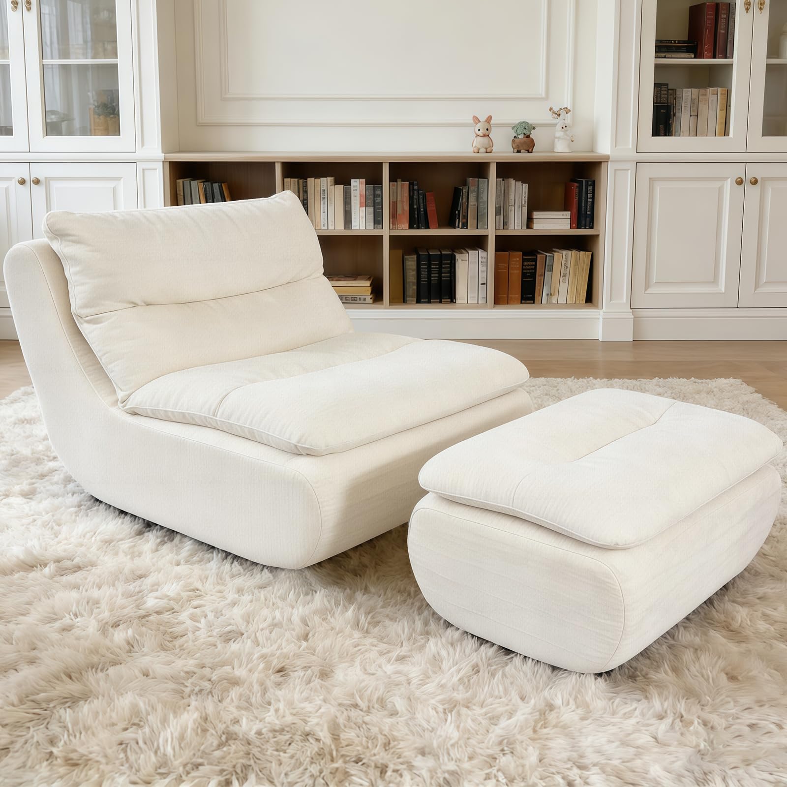 WXJHL Big Bean Bag Couch with Ottoman, Large Memory Foam Filled Floor Sofa for Adults and Kids, Lazy Lounge Chair for Bedroom Living Room (Beige) — image 1