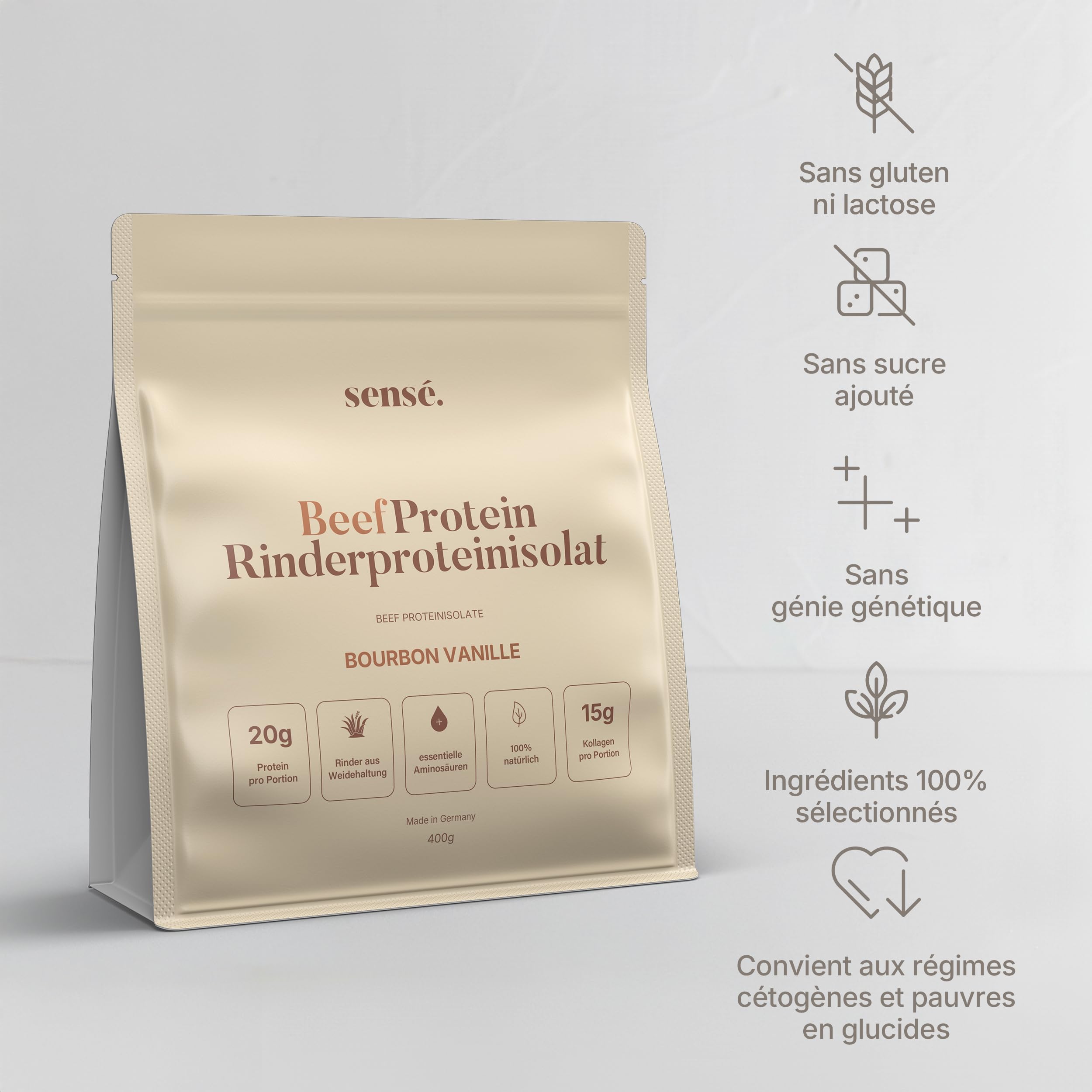 Poudre de protéines de bœuf à la vanille 400 g - 100% naturel | 21 g de protéines | Vanille Bourbon et écorces de psyllium | Bioactif | Collagène 1, 2 et 3 | Bouillon d'os de bœuf élevé en pâturage