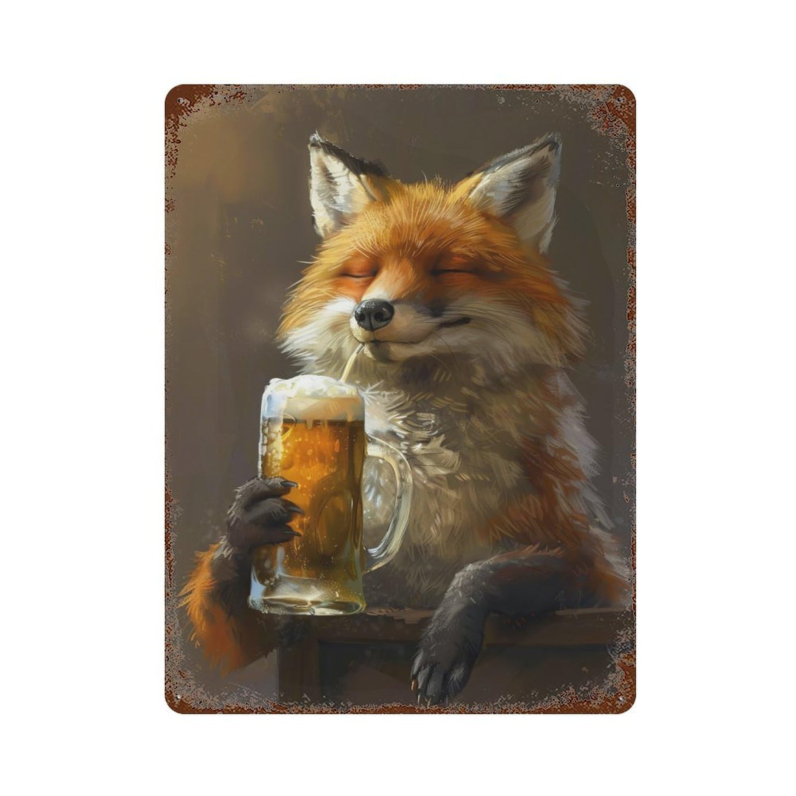 Garage Style Fox Drinking Beer Rust Effect Tin Sign 15.7"x11.8", Industrial Home Decor for Bar And Workshop