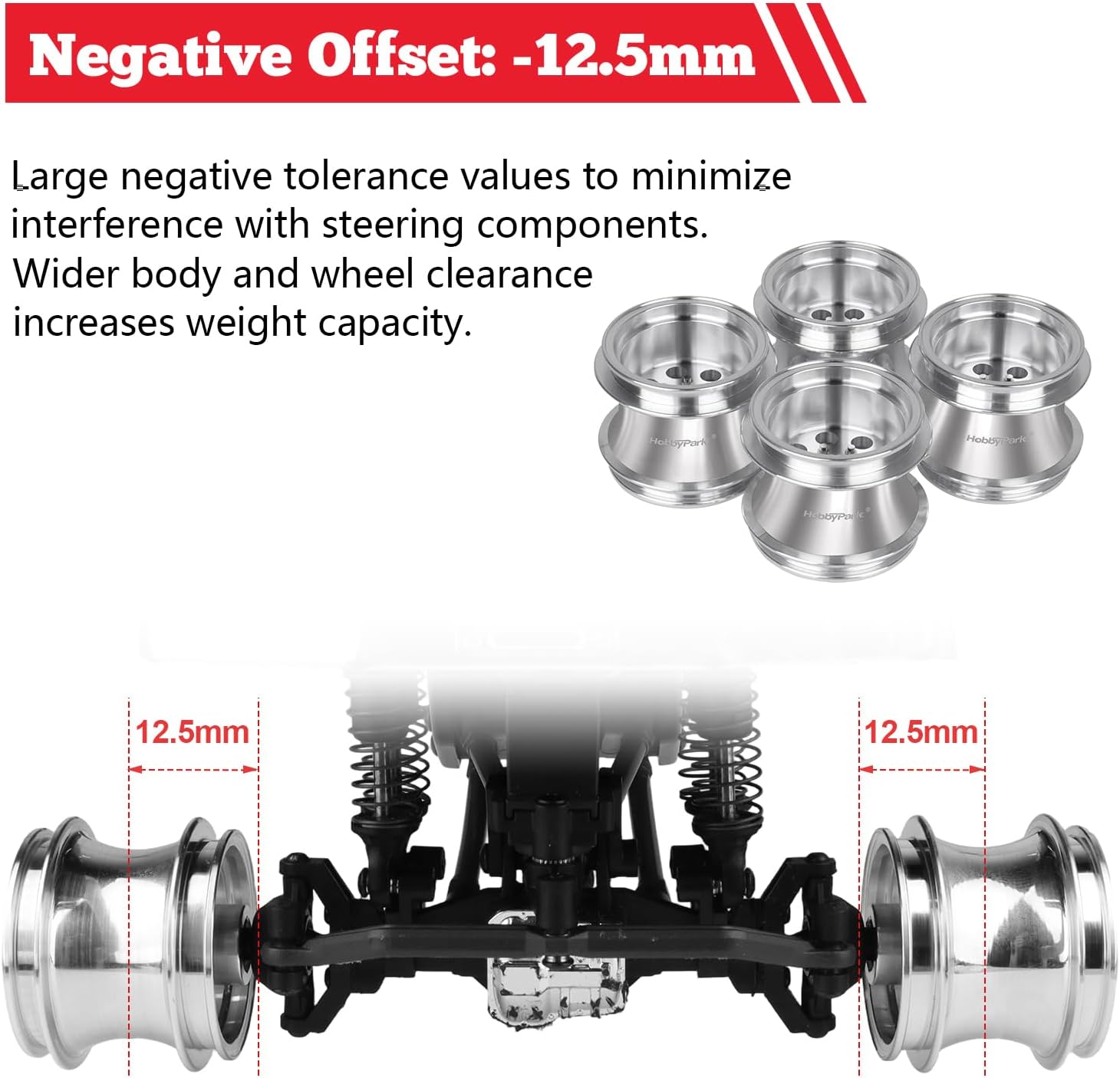 HobbyPark Aluminum 1.3" Wheel Rims Negative Offset Deep Dish Wheels for TRX4MT TRX-4MT F-150 K10 1/18 Scale Monster Truck Upgrades Replacement