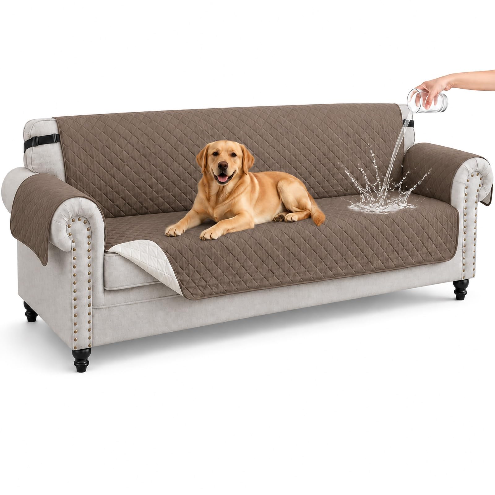 Hiiksolo Water Resistant Sofa Cover, Checkered Pattern with Non Slip Elastic Straps, Couch Protector for Dogs, Settee Covers Furniture Slipcovers, 4 Seater Khaki