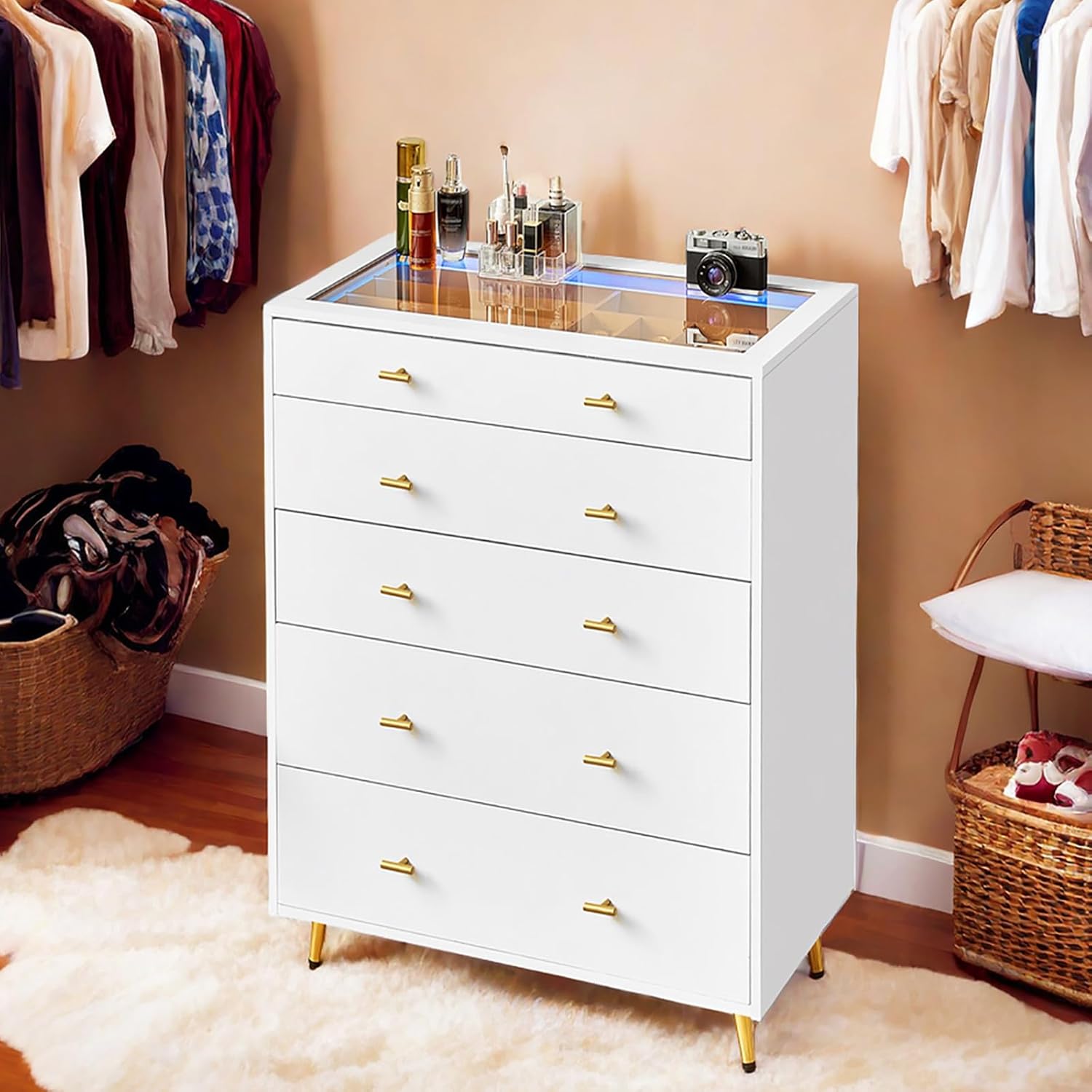 Wardrobe Closet Island with Drawers, Glass Tabletop & LED Lights, Jewelry Dresser Display, Wooden Closet Storage Cabinet for Bedroom Cloakroom Shops, 30.7" W x 15.7" D x 38" H, White