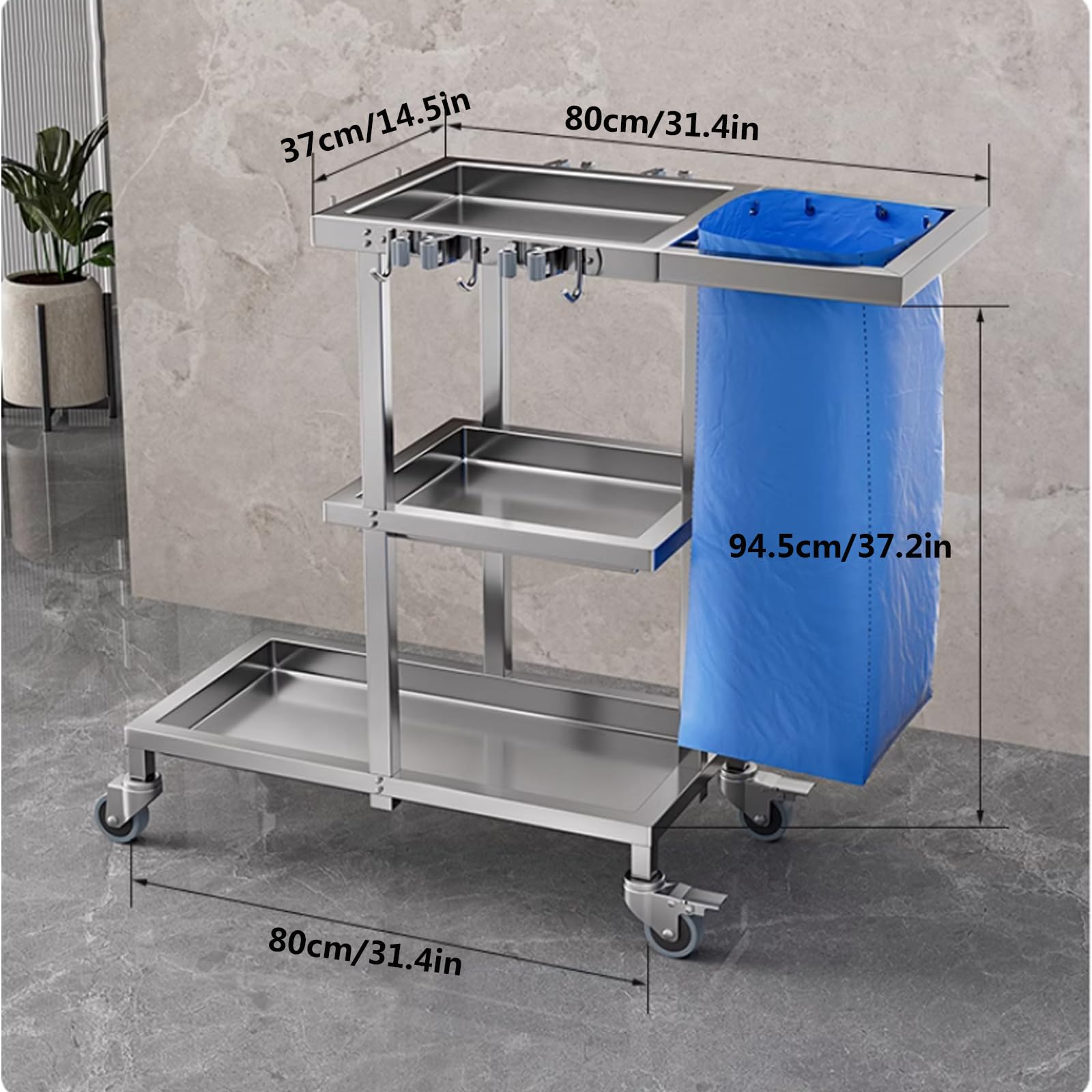 Carro de limpieza profesional, 3 niveles de gran capacidad, de acero inoxidable, organizador de suministros de limpieza
