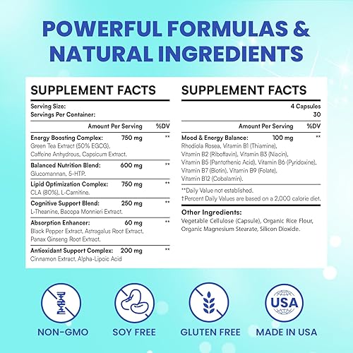 Miniatura 5 de PhenFit-Maxx Suplemento para la pérdida de peso, supresor del apetito y píldoras de dieta, potenciador del metabolismo con CLA, L-carnitina,