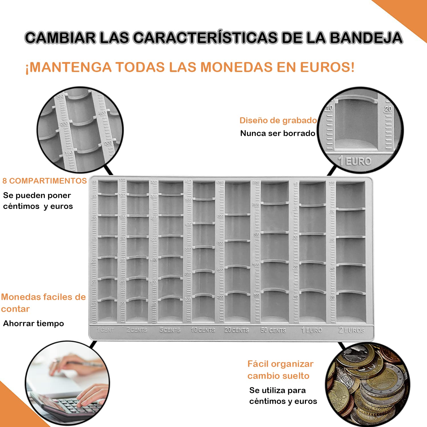Ichigo Ichie Bandeja para Contar Monedas, con 8 Compartimentos de Almacenamiento Incluidos Euros y Céntimos, Organizador de Monedas, 25,8 x 15 x 4 cm, Gris