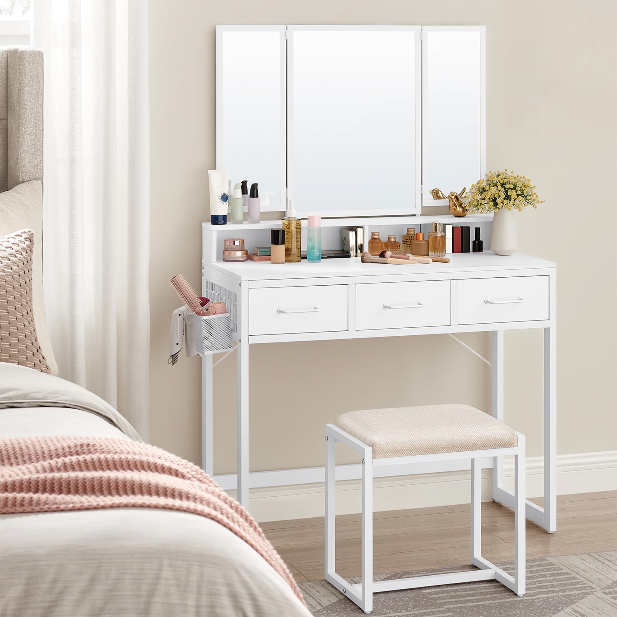 VASAGLE Dressing table with padded stool, vanity table with triple mirror, 3 drawers, hair dryer holder, cosmetic, modern style, white, RVT004W14