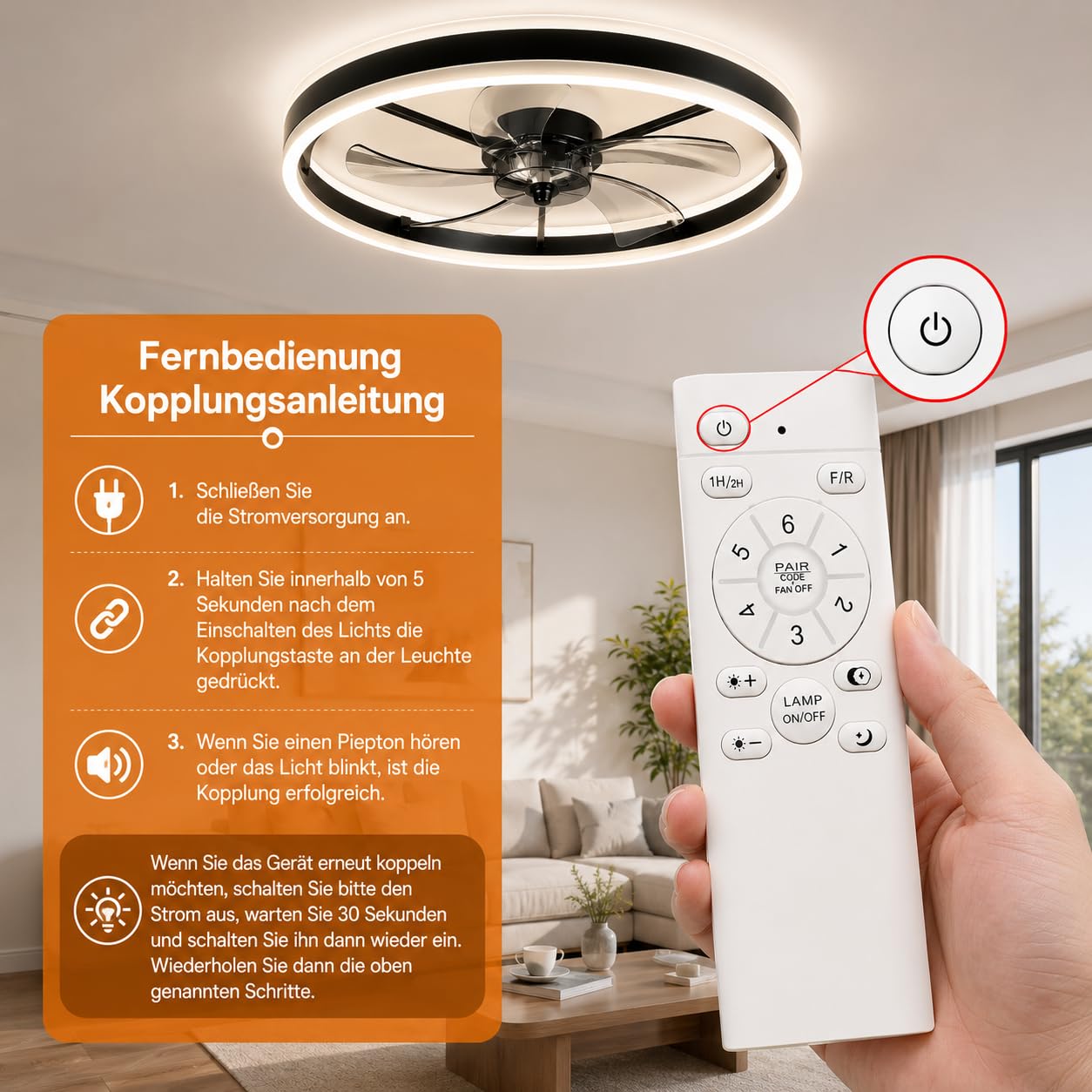 Deckenventilator mit Beleuchtung 50CM, 3 Farbtemperaturen, 6 Geschwindigkeiten, Fernbedienung und APP, leise dimmbar
