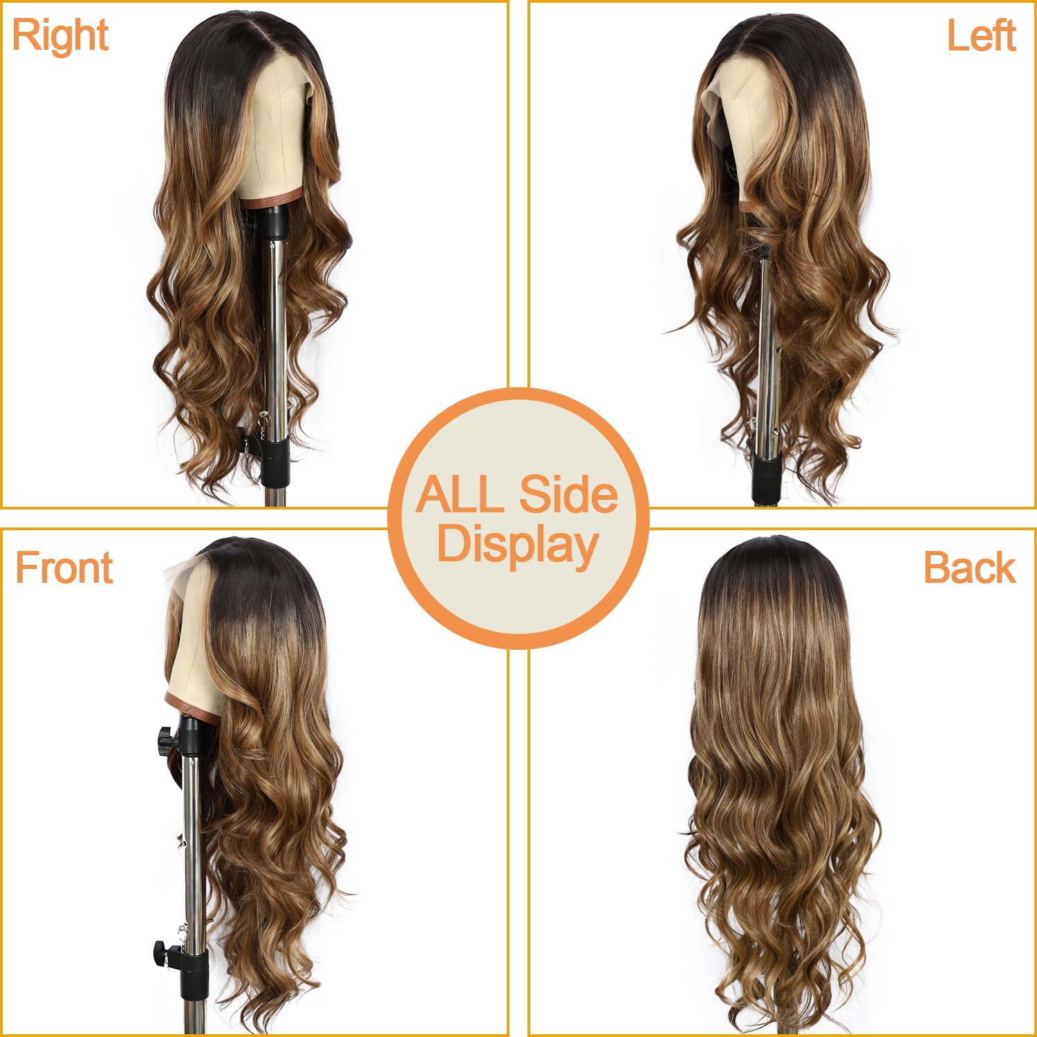 SAPPHIREWIGS 13×4 Brown Highlight Synthetic Lace Front Wig for Women Heat Resistant Fiber Glueless Long Wavy Light Auburn Brown Wigs for Daily Party Use 26inch