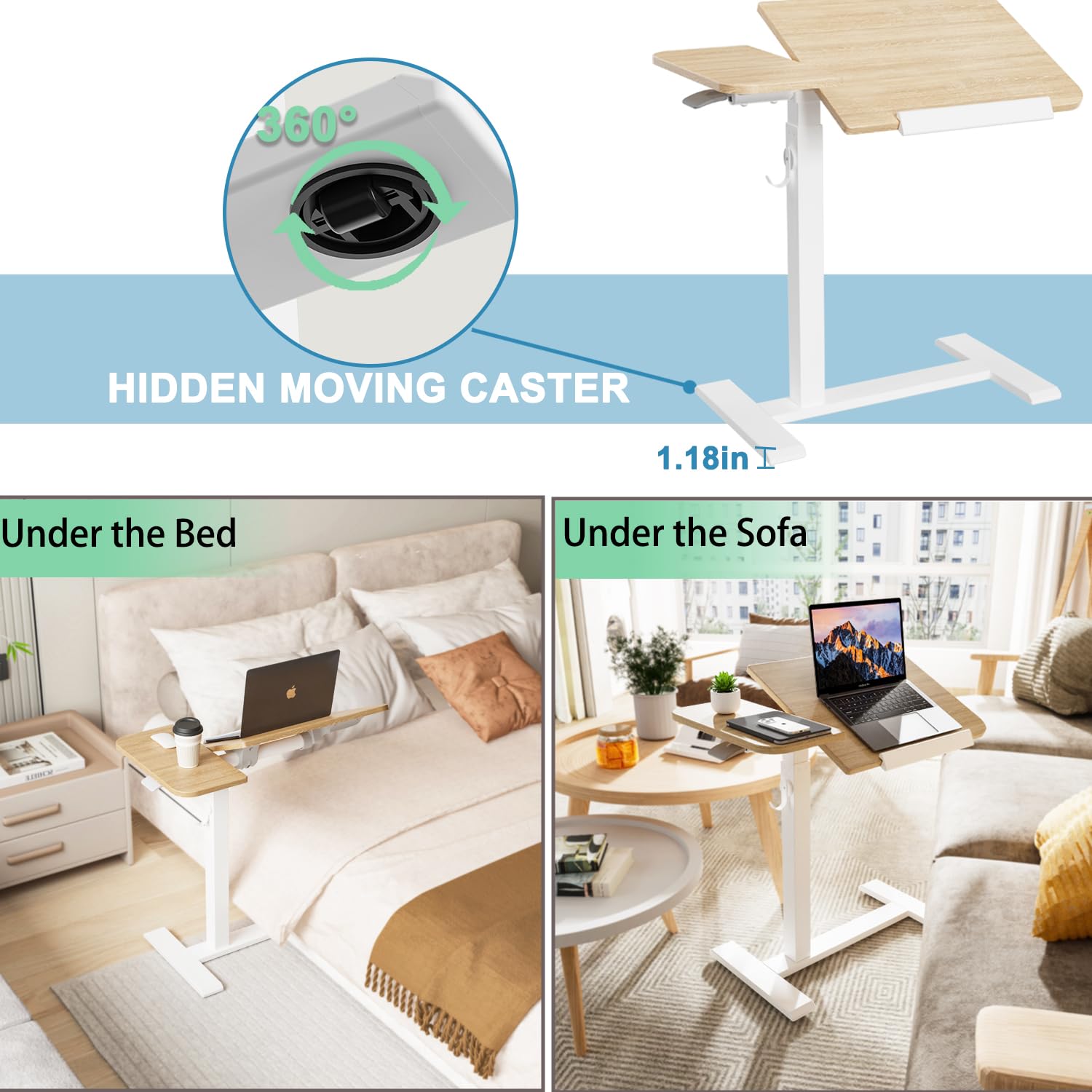 ETHU Tavolo per computer portatile regolabile in altezza, tavolino multifunzione con piano di lavoro inclinabile e ruote incassate, tavolo da letto portatile ergonomico per ufficio e casa (quercia)