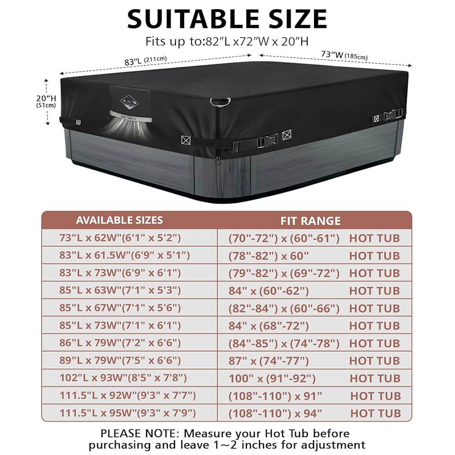 QH.HOME 1000N Tearing Strength Hot Tub Cover Protector 80 X 80 Inch Fit 79 X 79 Or 78 X 78 Or 77 X 77 Square SPA, Hot Tub Covers Replacement-Black