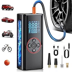 Compressore Aria Portatile Auto 6000mAh, 150PSI Pompa per Bicicletta Elettrica con Tutte le Valvole, Doppio Indicatore di Valore e Luce LED, Gonfia Gomme Auto per Bicicletta, E-Bike,Auto,Moto,Palloni