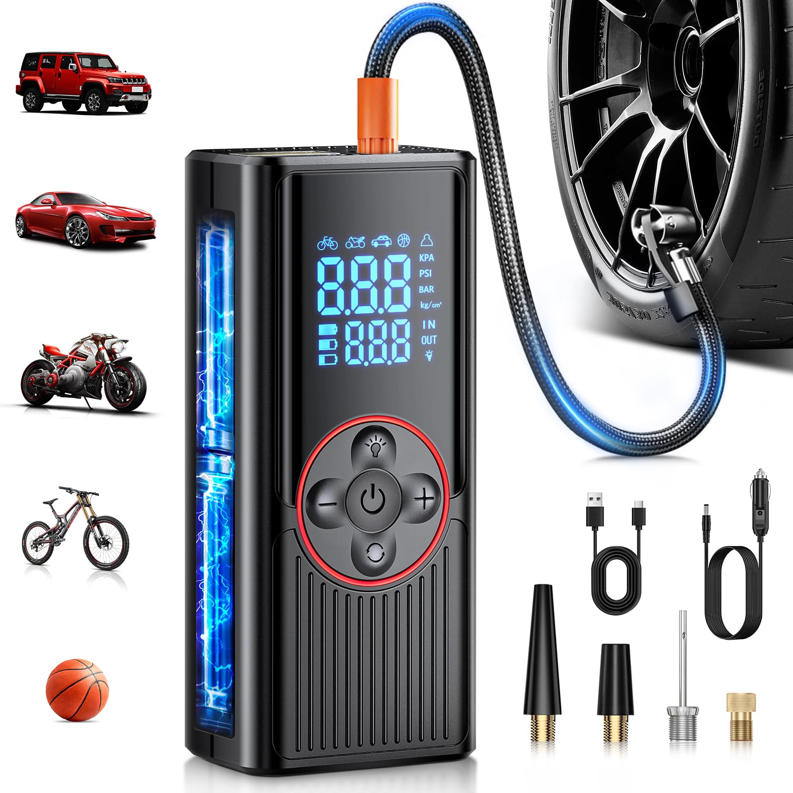 Kabelloser Elektrische Luftpumpe, 8000mAh, 150PSI Tragbarer Akku-Kompressor, Elektrische Fahrradpumpe mit Digitalanzeige und LED-Licht mit 4 verschiedenen Düsen für Auto/Motorrad/Fahrrad/Bälle, Rot