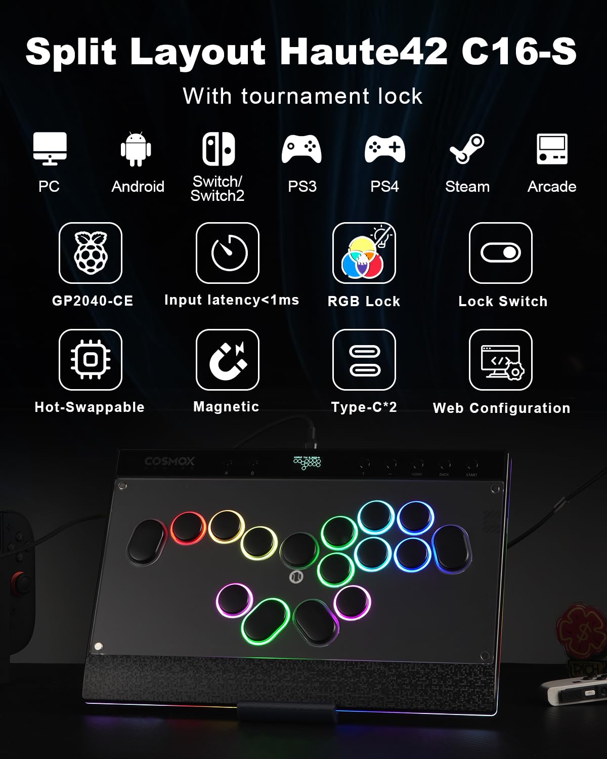 ONEED Haute42 Leverless Controller Arcade Stick: Split Layout Magnetic C16S Leverless Arcade Stick,Premium Black Symmetrical Arcade Controller for PC/PS4/Switch/Switch2 Game with Lock Button