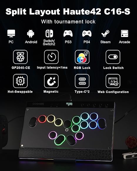 ONEED Haute42 Leverless Controller Arcade Stick: Split Layout Magnetic C16S Leverless Arcade Stick,Premium Black Symmetrical Arcade Controller for PC/PS4/Switch/Switch2 Game with Lock Button