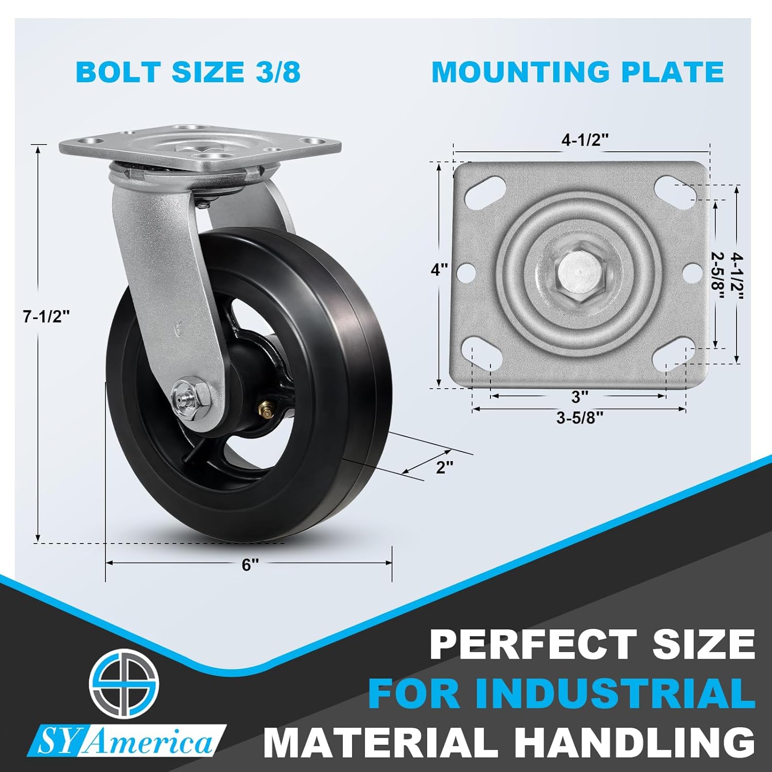 SY America 6" × 2" Heavy Duty Casters Wheels, Industrial Casters, Rubber on Cast Iron Wheels for Trash Containers and Dumpster Bins, 2 Swivel & 2 Rigid,4000 lbs Capacity Set of 4