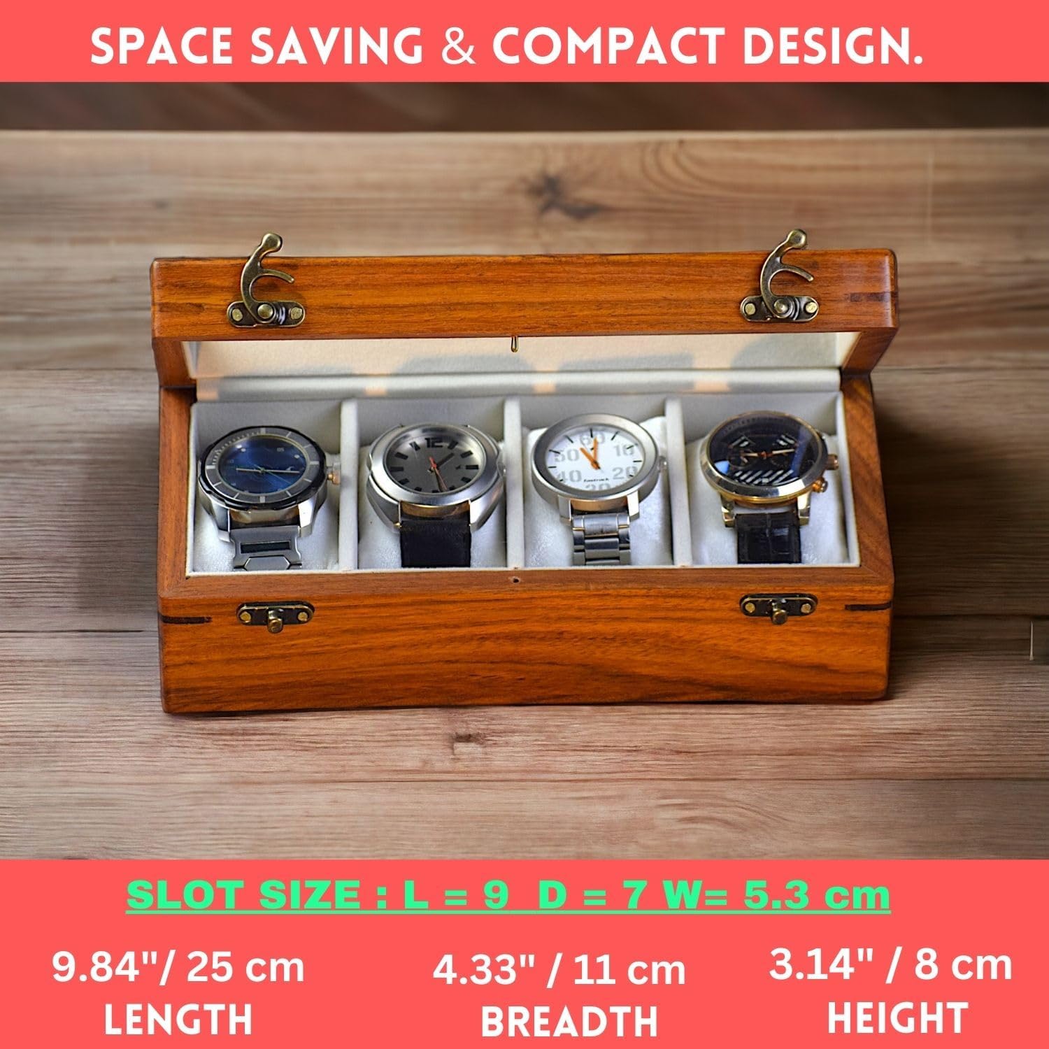 Wooden Watch Box Organizer for Men – 4 Slot Watch Box for Men | Luxury Watch Case for Men | Wood Watch Box Unisex | Wood Glass Watch Box Case Organizer | Indian Rosewood Watch Boxes for Men 4 Slot
