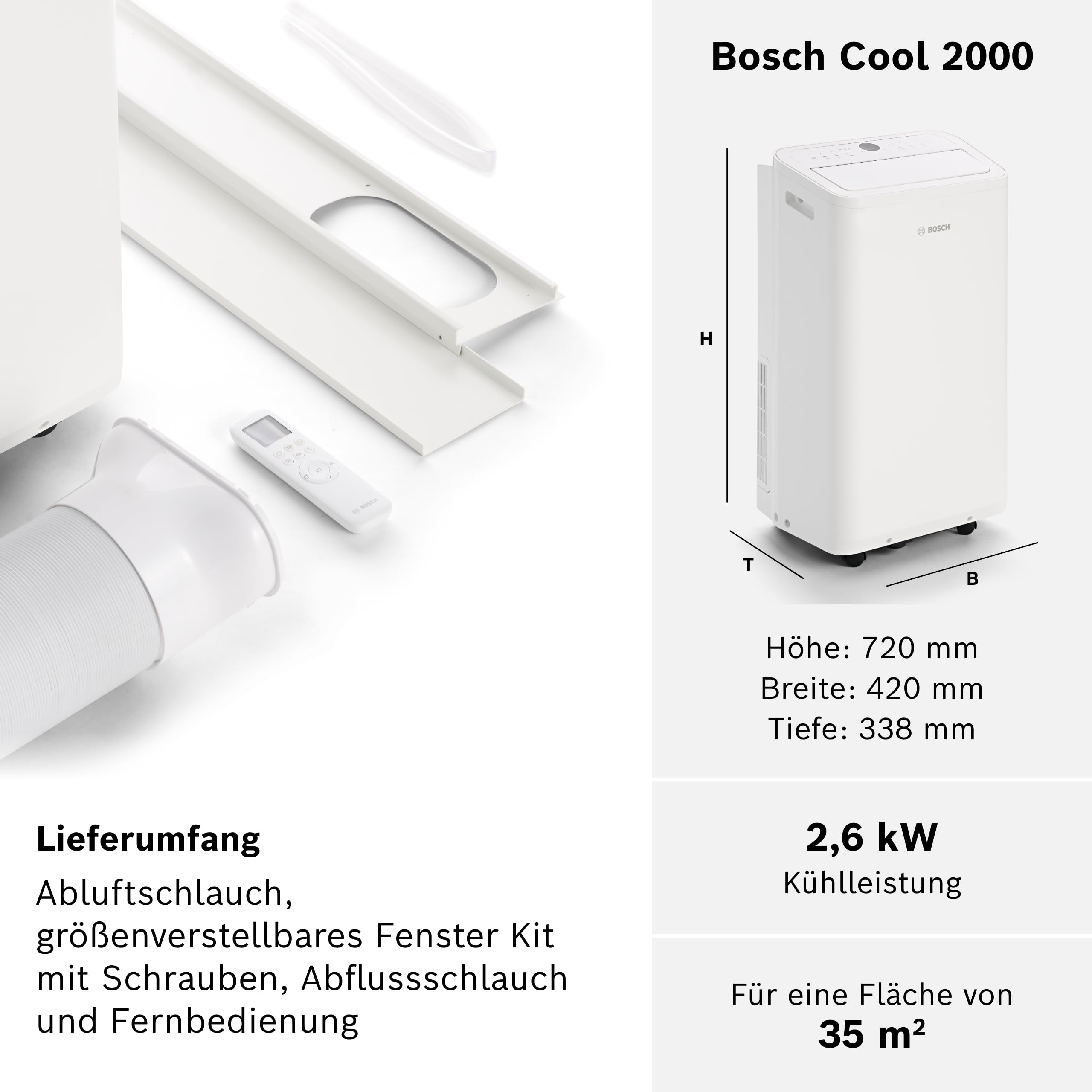 Bosch Cool 2000 Mobiles Klimagerät 2,6 kW 3-in-1 Klimaanlage für Räume bis 35m²