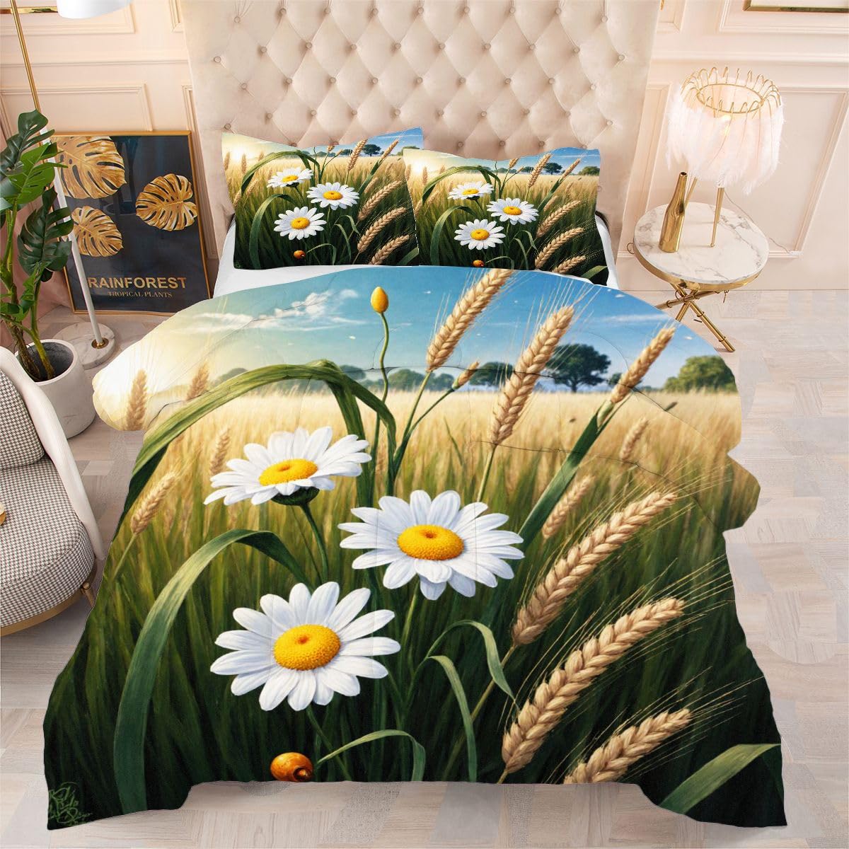 Couette 3D 240x260 cm marguerites blanches avec ses deux taies d'oreiller assorties pour grand lit