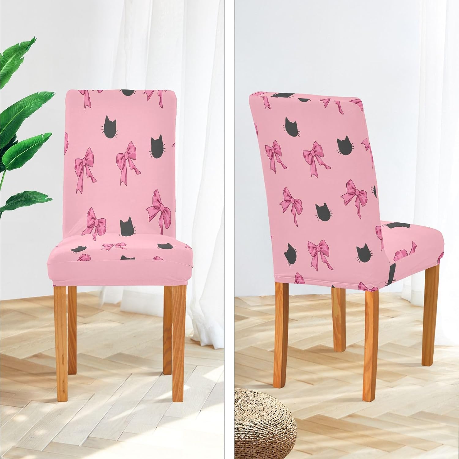 ALAZA Chair Covers for Dining Room, Pink Bow Black Cat Face Stretch Chair Cover Sets Chair Protector Removable Washable for Ktichen Restaurant Hotel