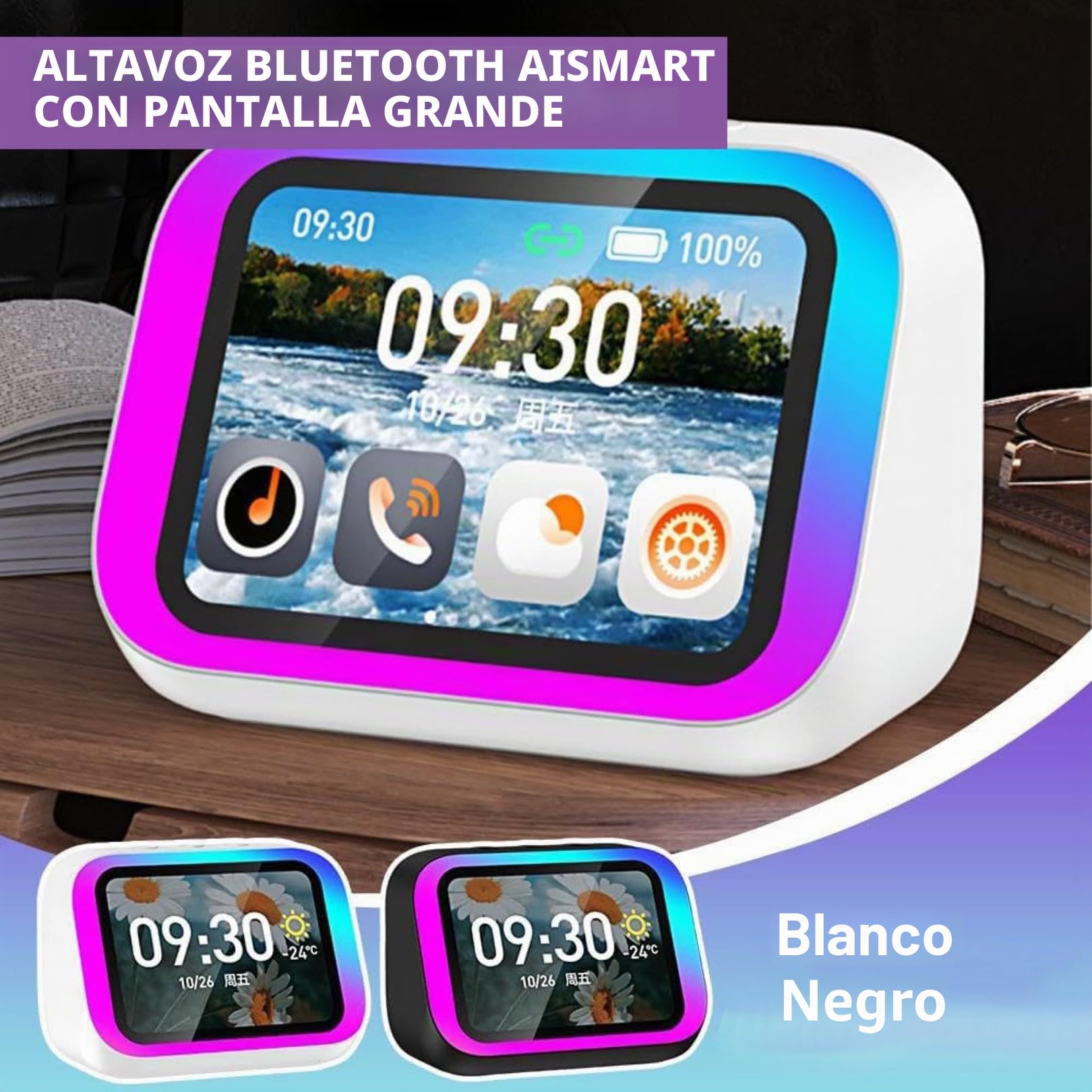 Reloj Despertador Inteligente Ai con Altavoz Bluetooth 5.4, Luces RGB, Pantalla de Hora y Clima, Reloj Digital de Mesita con Llamadas Manos Libres para Dormitorio y Sala de Estar White