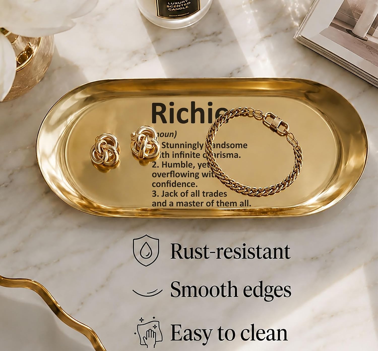 Pawpy Mate Richie Catchall Tray Stainless Steel Oval Gold 7x3 Inch Vanity and Decorative Tray Modern Polished for Home Organization, Set of 2 image 3