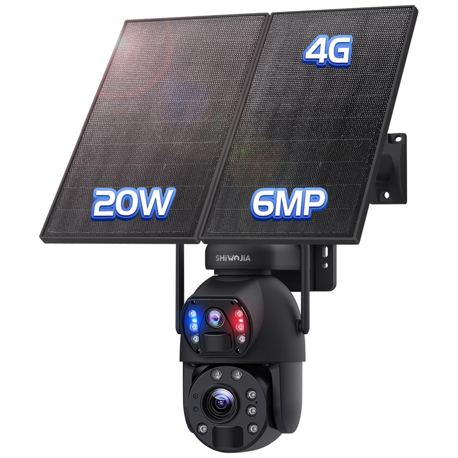 SHIWOJIA Zewnętrzna kamera 6 MP z dwoma obiektywami, 4G LTE Solar Surveillance Camera z 20 W panelem słonecznym 20 000 mAh, 20 x zoom noktowizor kolor, IP66